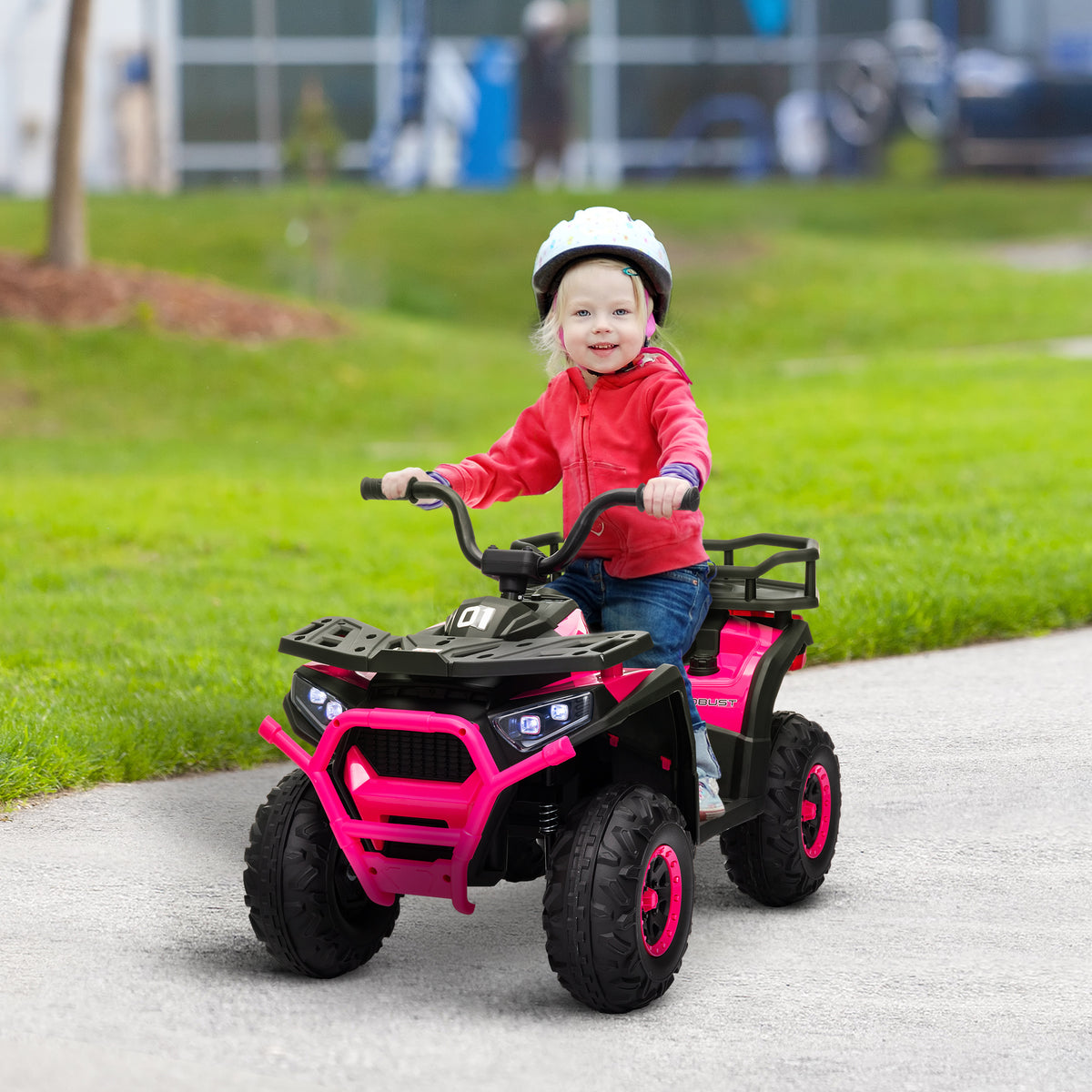 Qaba 12V Kids ATV, 4 Wheeler Quad with 4 Spring Suspension Wheels, LED Lights, Music USB, Pink