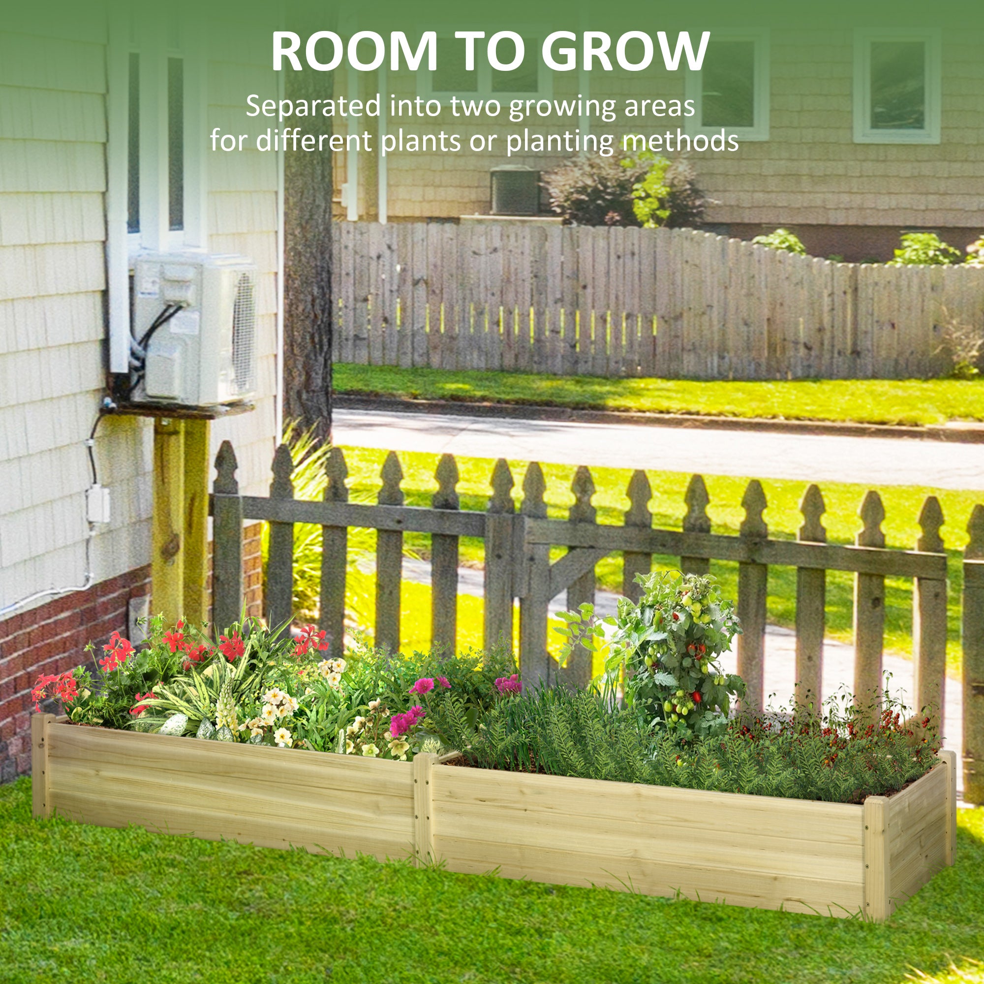 96" x 24" x 10" Wooden Raised Garden Bed with 2 Planter Boxes and Non-woven Fabric Liner for Patio, Natural - Natural wood finish - Image 4