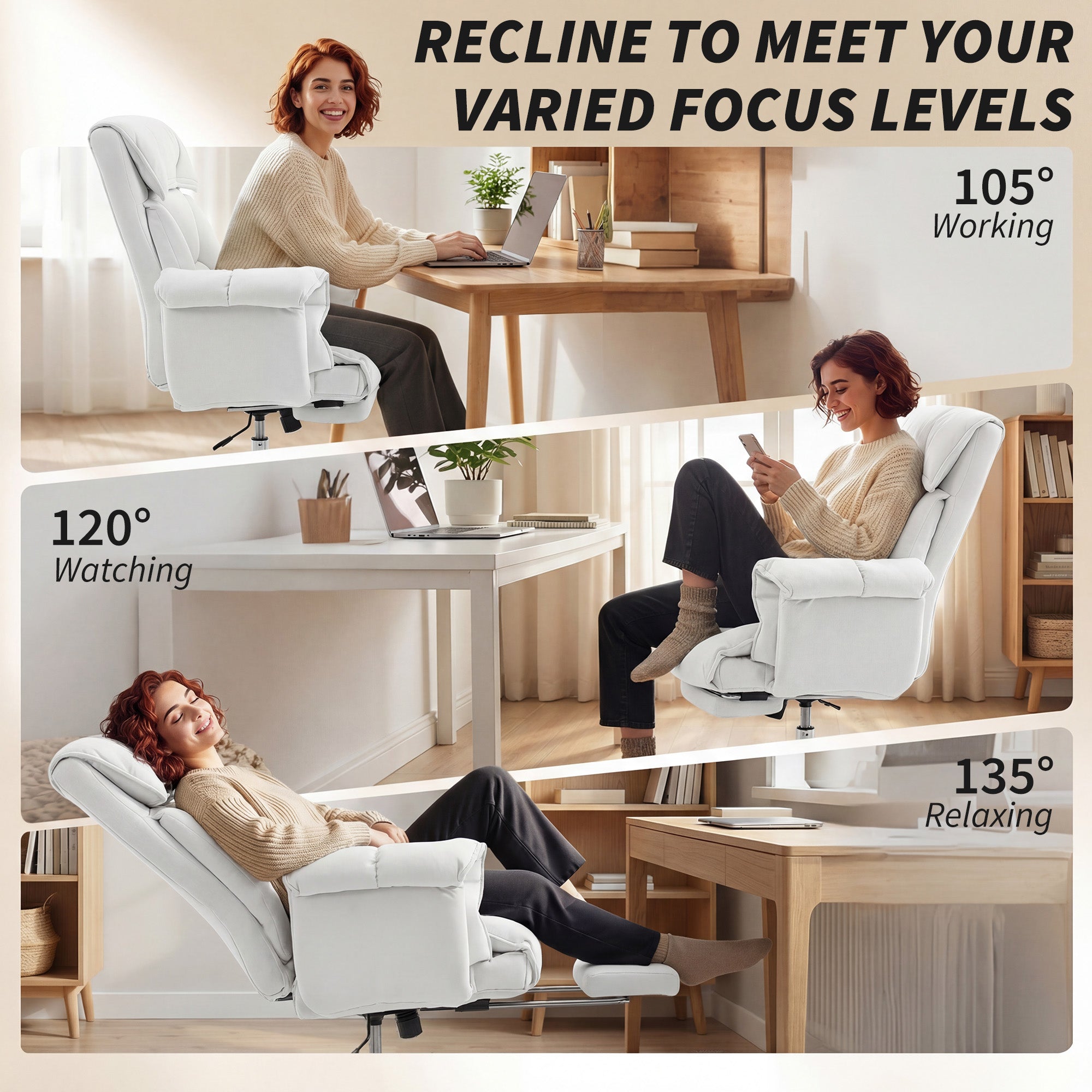 High Back Office Chair, Reclining Desk Chair with Footrest, High Resilience Foam, Rolling Wheels, Cream White