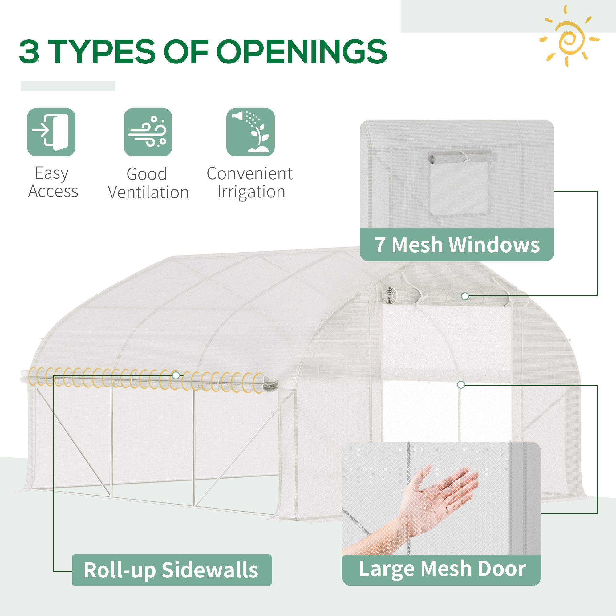 11.5' x 10' x 6.5' Walk-in Tunnel Greenhouse, Green House with Zippered Mesh Door, 7 Mesh Windows & Roll-up Sidewalls, Upgraded Gardening Plant Hot House with Galvanized Steel Hoops, White - White - Image 4