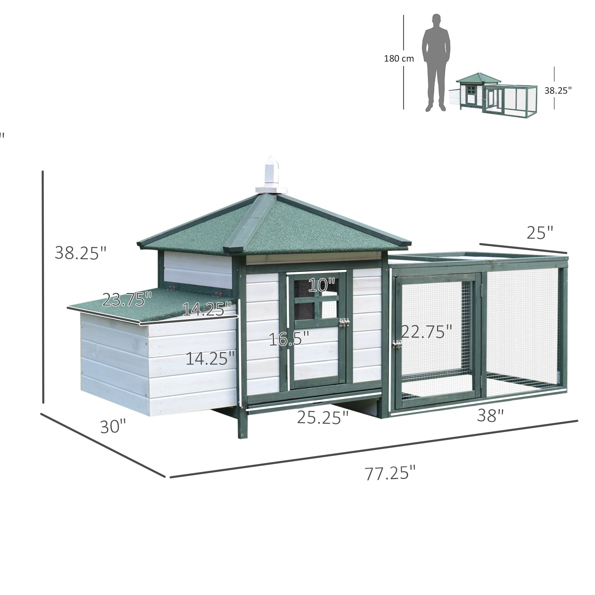 77" Wooden Chicken Coop Hen House Poultry Cage with Weatherproof Roof, Nesting Box, Enclosed Run and Removable Tray for Outdoor Backyard, Green - White - Image 3