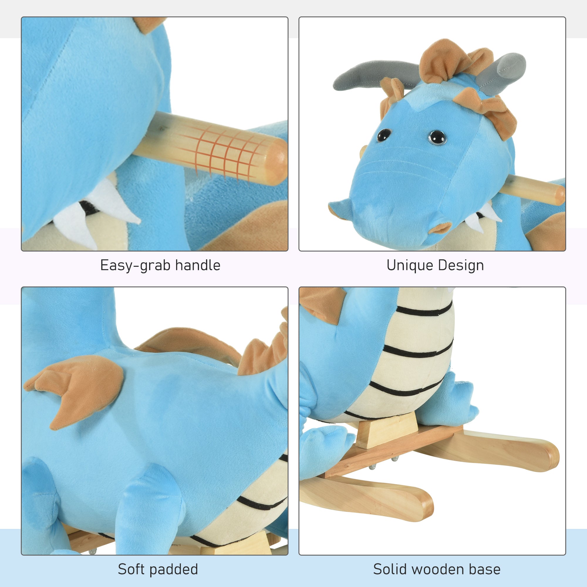 Kids Plush Ride-On Rocking Horse Toy Dinosaur Ride Rocking Chair with Realistic Sounds for18-36 Months, Blue