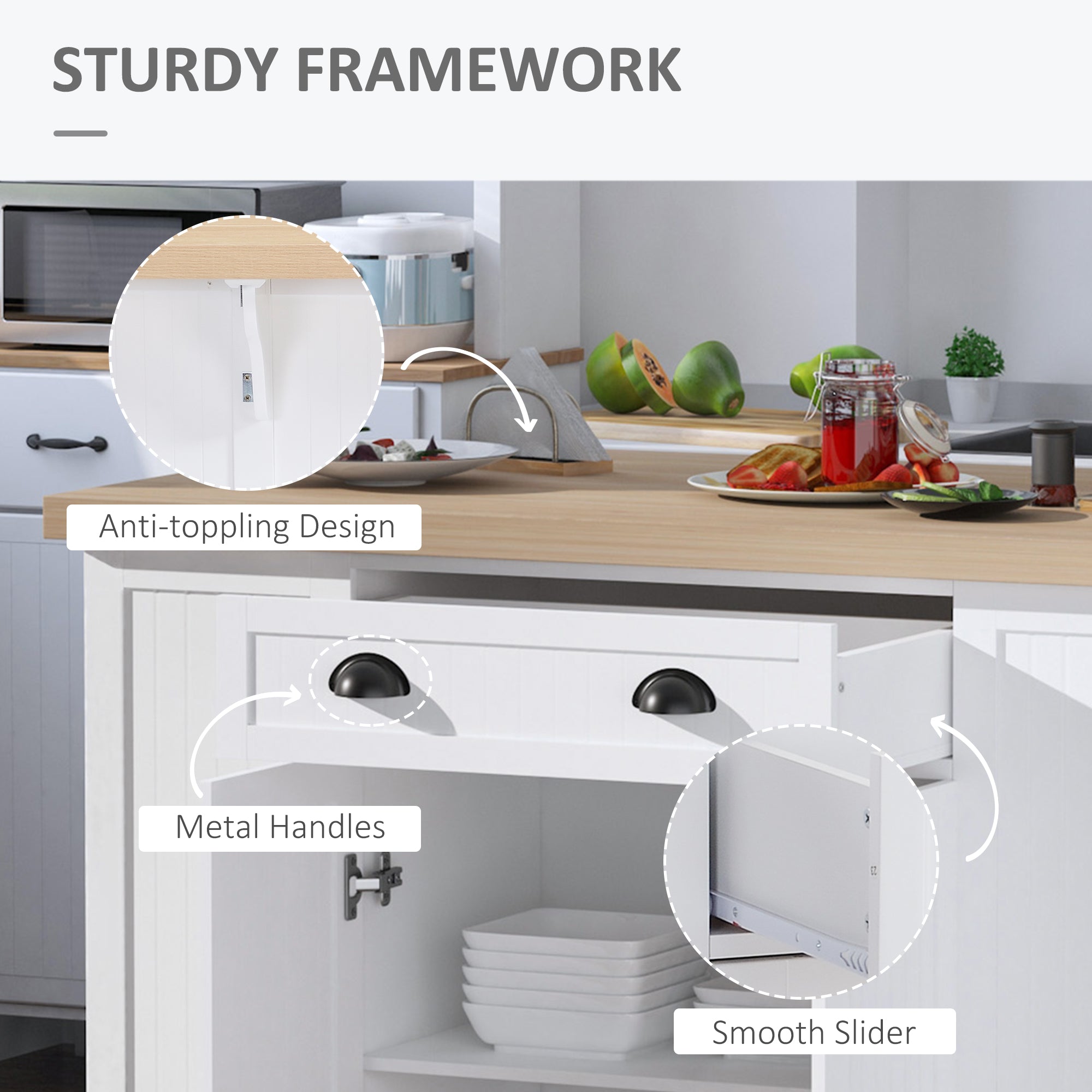 47" Fluted-Style Wooden Kitchen Island, Kitchen Countertop Storage Cabinet with Drawer, Open Shelves, Storage, White