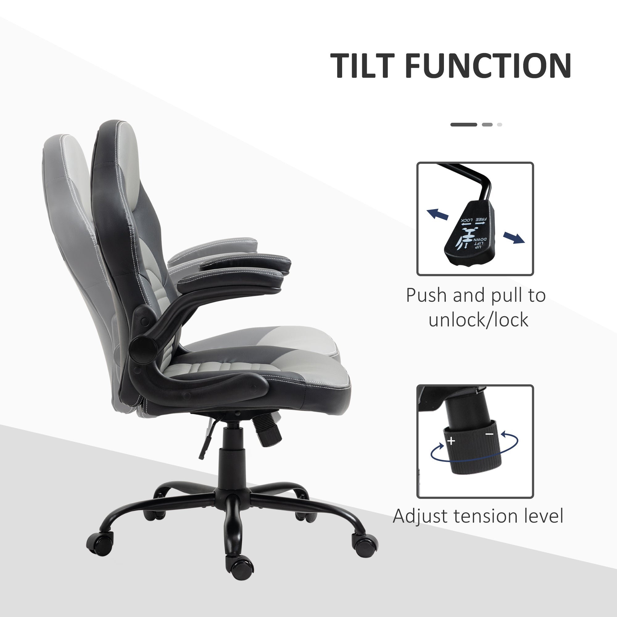 PU Leather Gaming Chair with Flip-up Armrests, Racing Style Computer Chair, Height Adjustable Home Office Chair with Swivel Wheels and Tilt Function, Gray