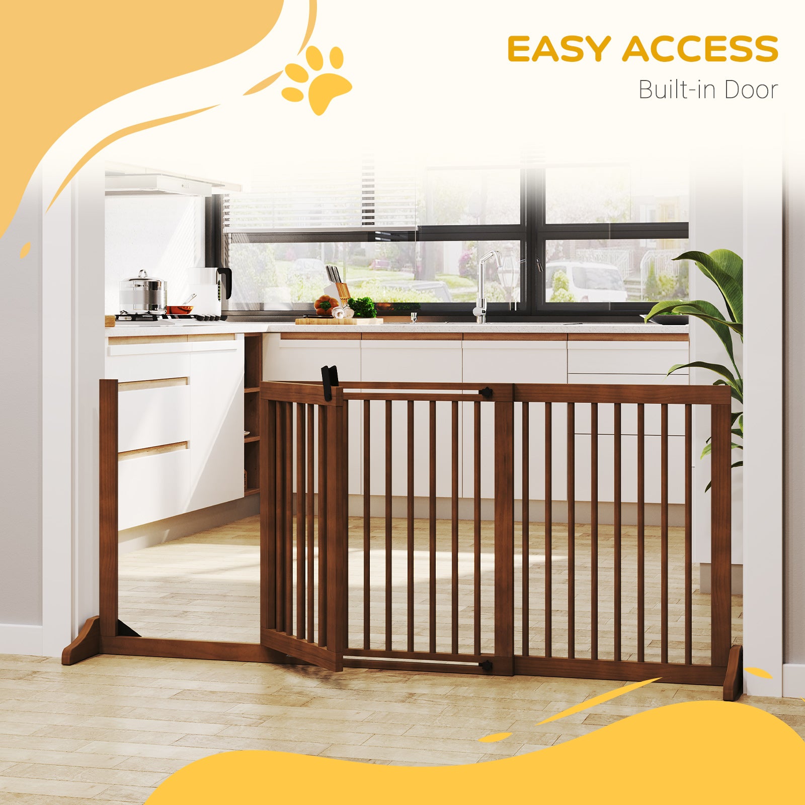 Freestanding Length Adjustable Wooden Pet Gate with Lockable Door 3 Panels, Brown - Brown - Image 6