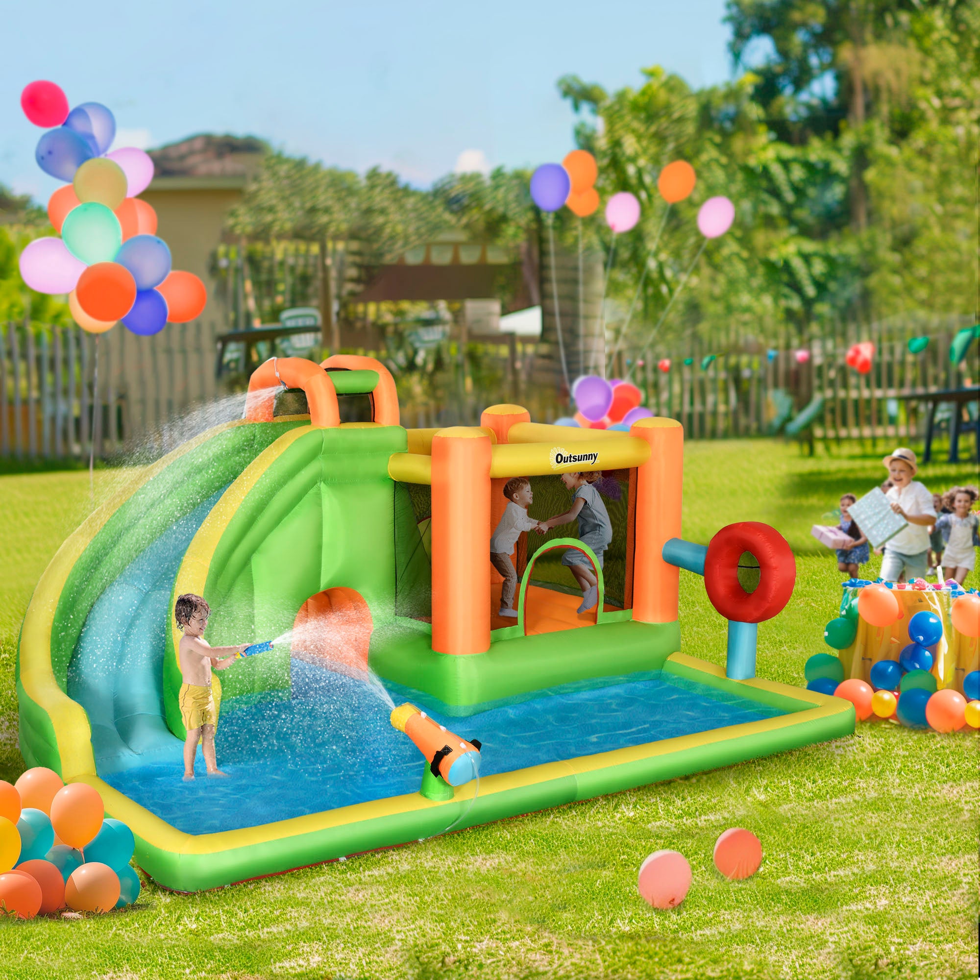 7-in-1 Inflatable Water Slide, Kids Castle Bounce House Includes Slide, trampoline, Pool, Water Cannon, Ball-target, Boxing Post, Tunnel with Carry Bag, Repair Patches, 750W Air Blower