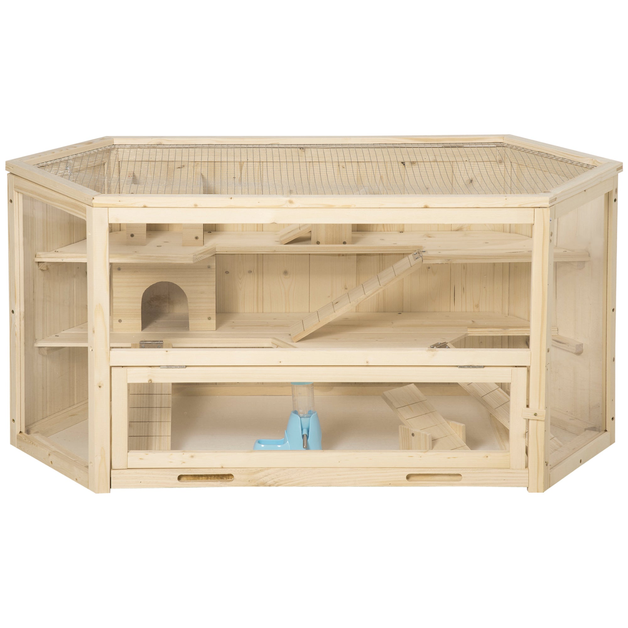 Wooden Large Hamster Cage Small Animal Exercise Play House 3 Tier with Tray, Seesaws, Water Bottle, Activity Center, Natural - Natural Wood