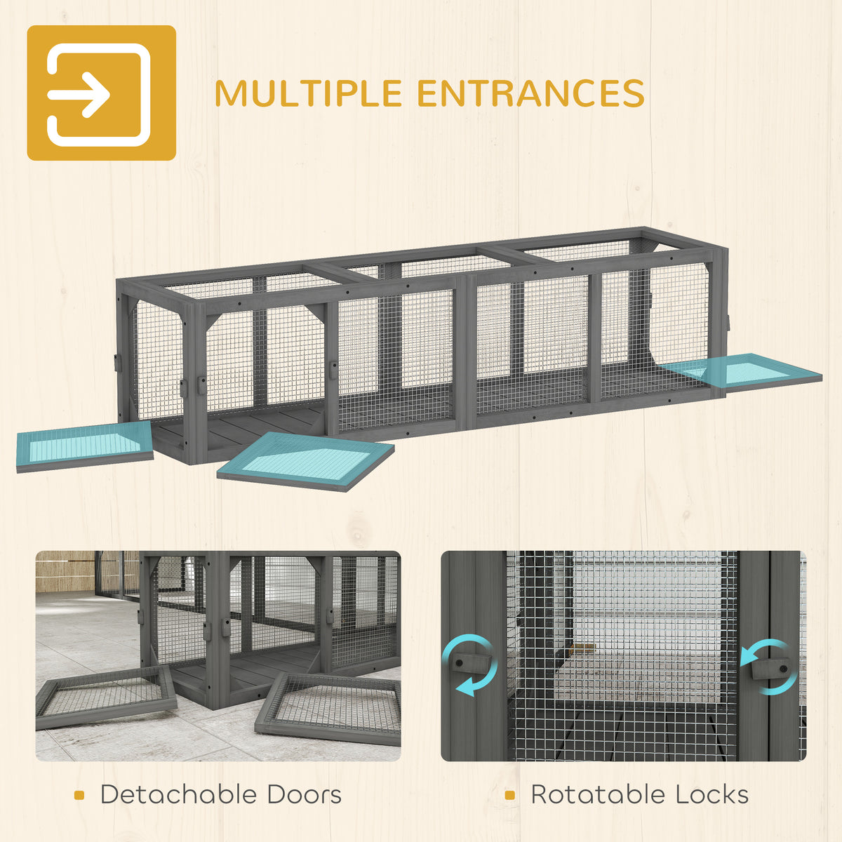 Outdoor Cat Tunnel, 59" Wooden Play Cat Enclosure, Extendable Pet Run with 3 Doors for Kitty, Puppy, Gray