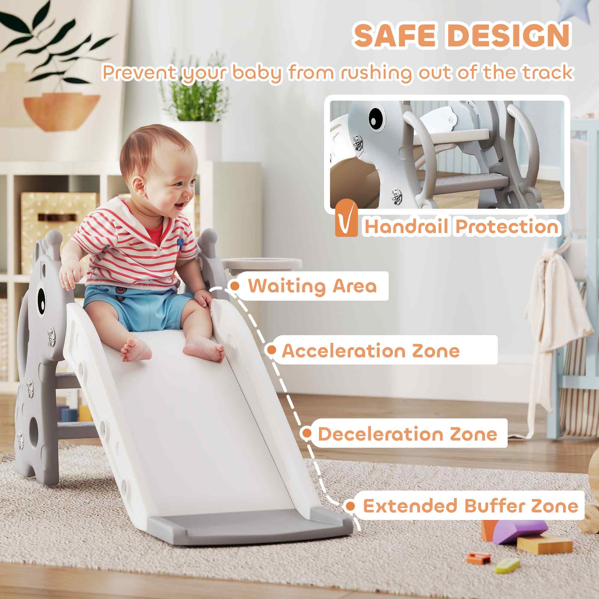 3-in-1 Toddler Slide for Age 1-3, Freestanding Kids Slide with Climber, Basketball Hoop and Ball, Giraffe Design, Gray