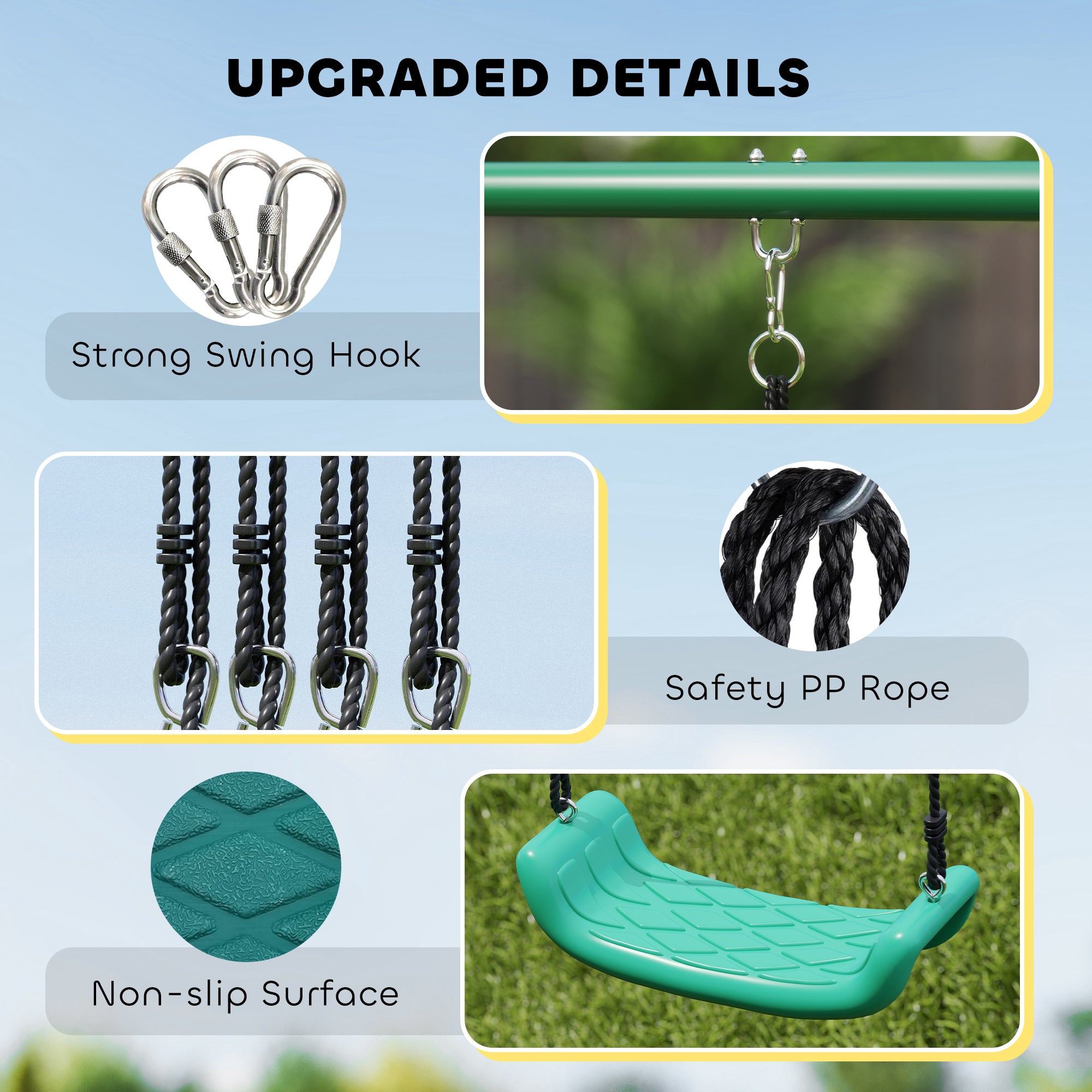Metal Swing Set with Slide, Saucer Swing Seat, Heavy Duty A-Frame Stand and Adjustable Rope for Backyard, Dark Green