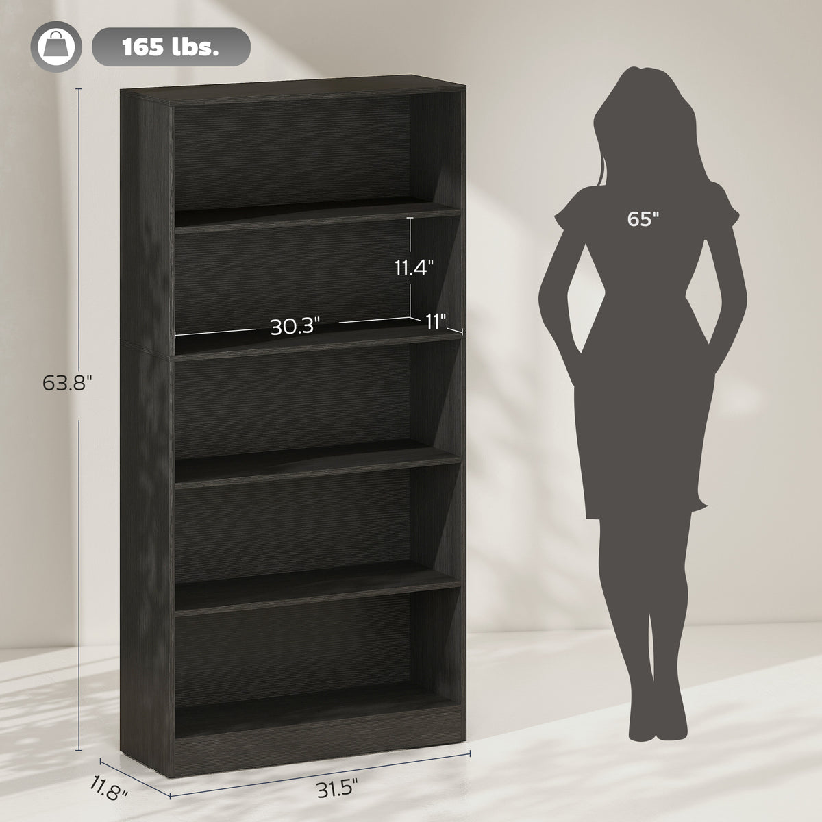 Bookshelf with LED Lights, 5-Tier Bookcase, Cable Holes, for Living Room, Study, Black Wood Grain