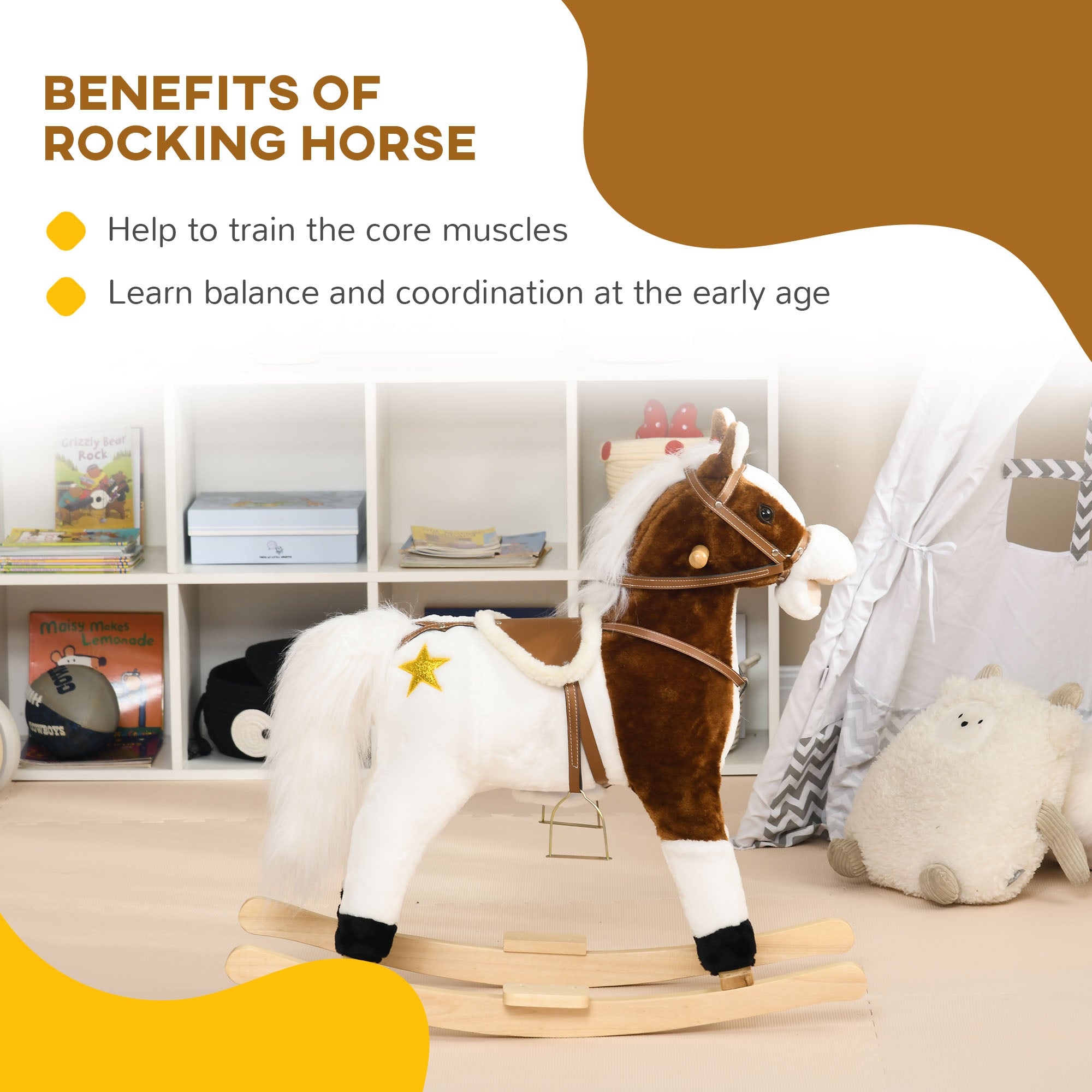 Rocking Horse with Sound, Ride on Horse with Saddle, Toddler Rocker, Gift for 3-8 Year Old, Brown