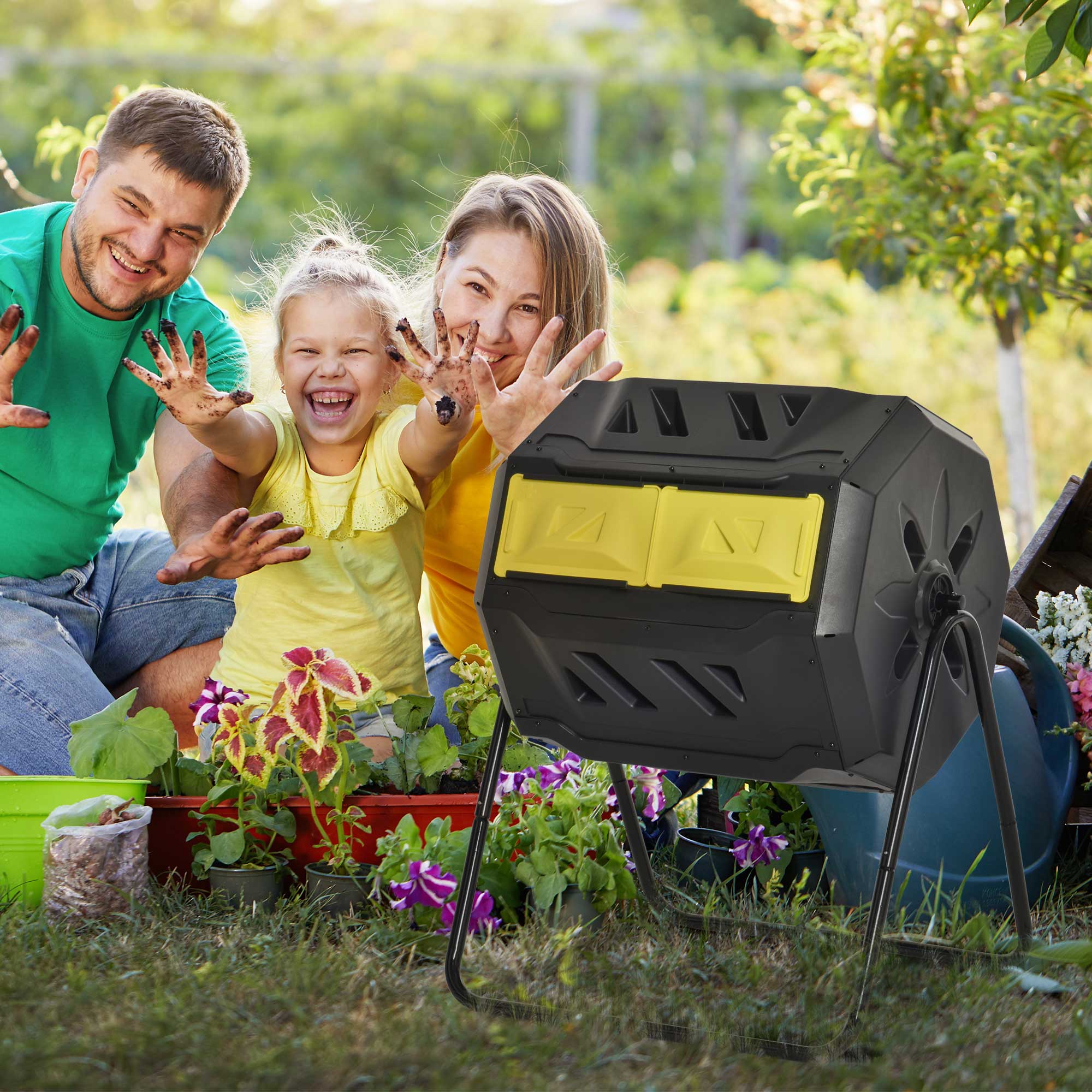 Tumbling Compost Bin Outdoor 360° Dual Chamber Rotating Composter 43 Gallon, Yellow - Yellow - Image 2