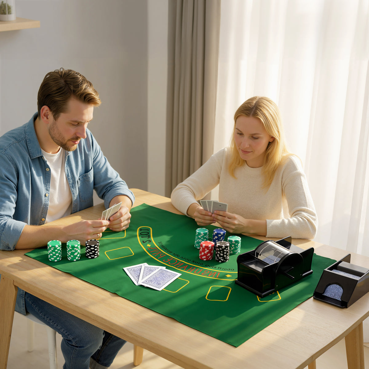 Poker Chip Set with Aluminum Case, Card Shuffler, 300 Chips, 2 Decks of Cards, Dealer Button for Texas Holdem Blackjack