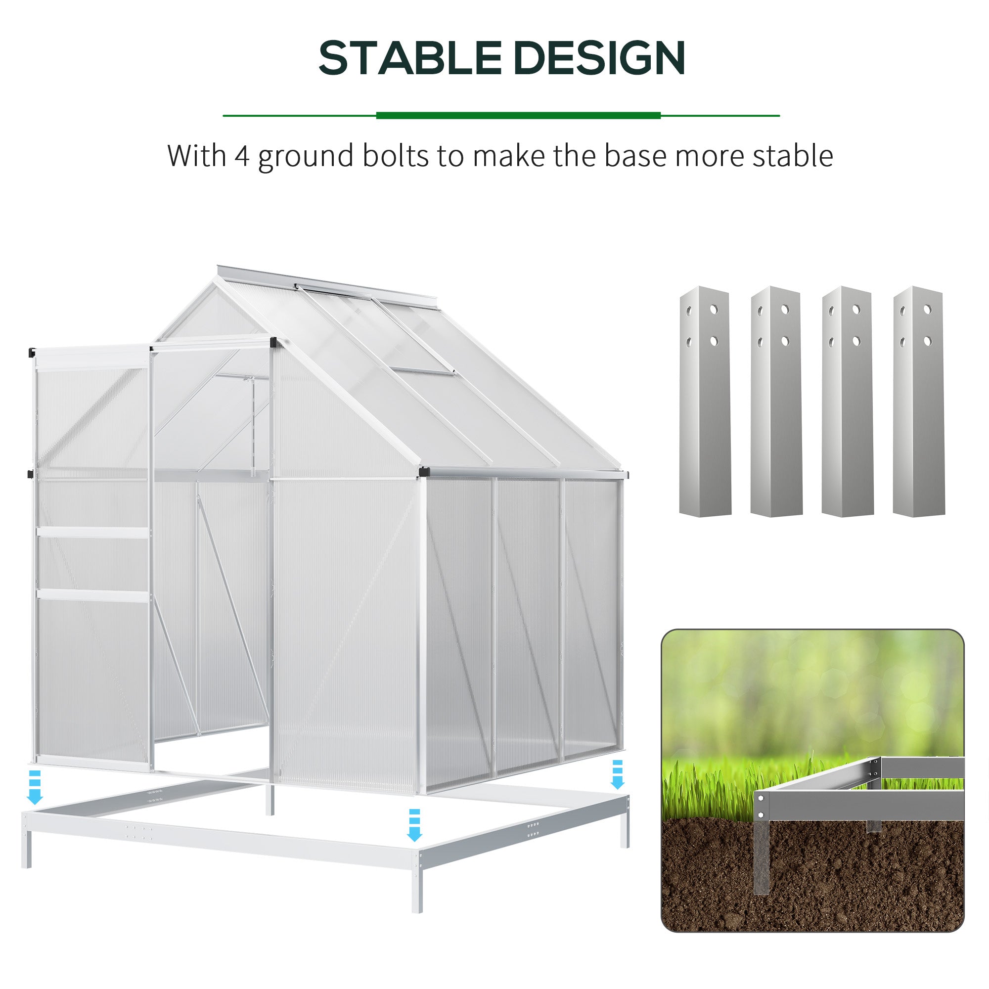 6' x 6' x 6.5' Polycarbonate Greenhouse with Aluminum Frame, Walk-in Heavy Duty Green House with Adjustable Roof Vent, Rain Gutter and Sliding Door for Winter, Silver - Silver - Image 6