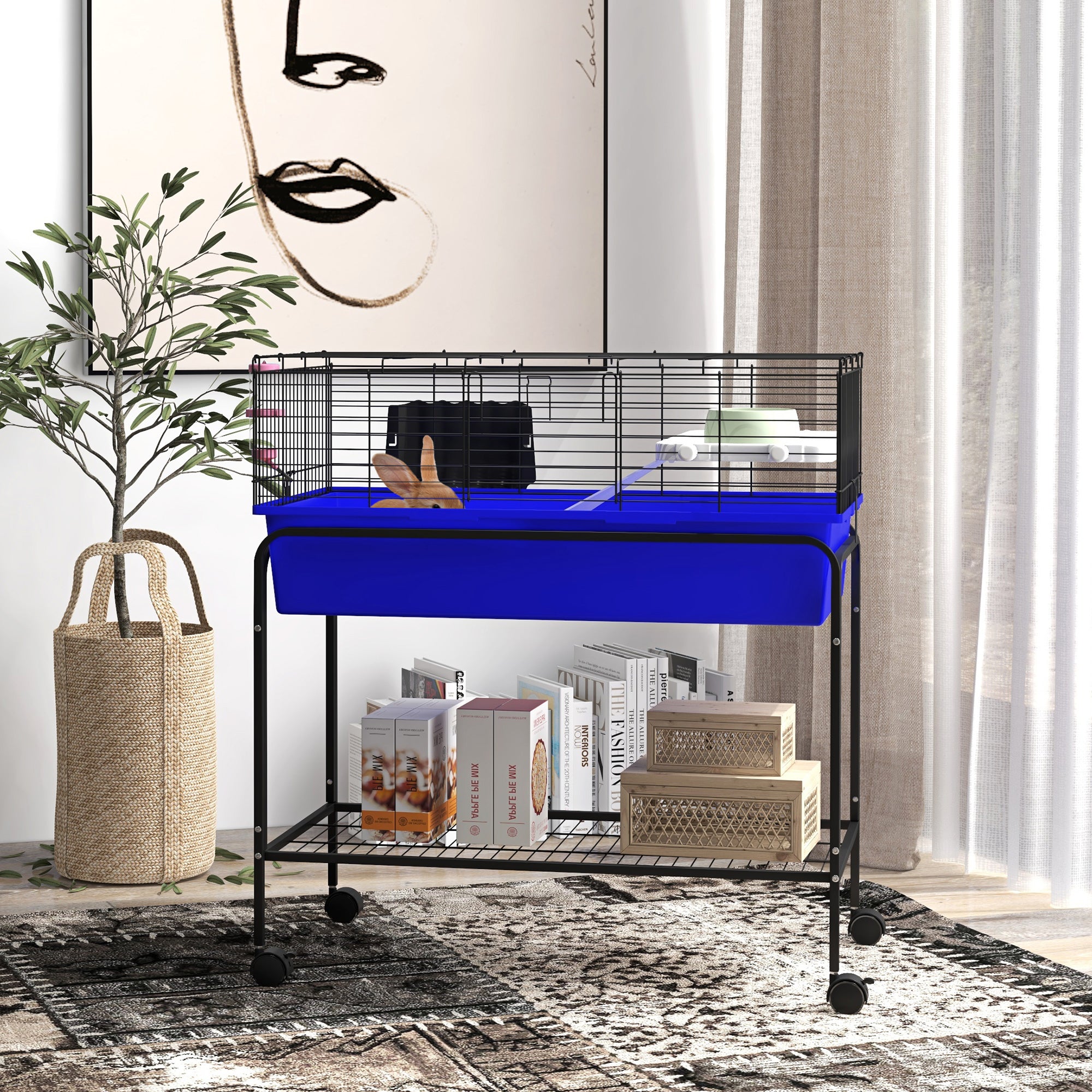 Two-Story Small Animal Cage Removable from Stand, Pet Habitat with Shelf & Wheels, 33" x 18.5" x 35", Blue - Blue - Image 2