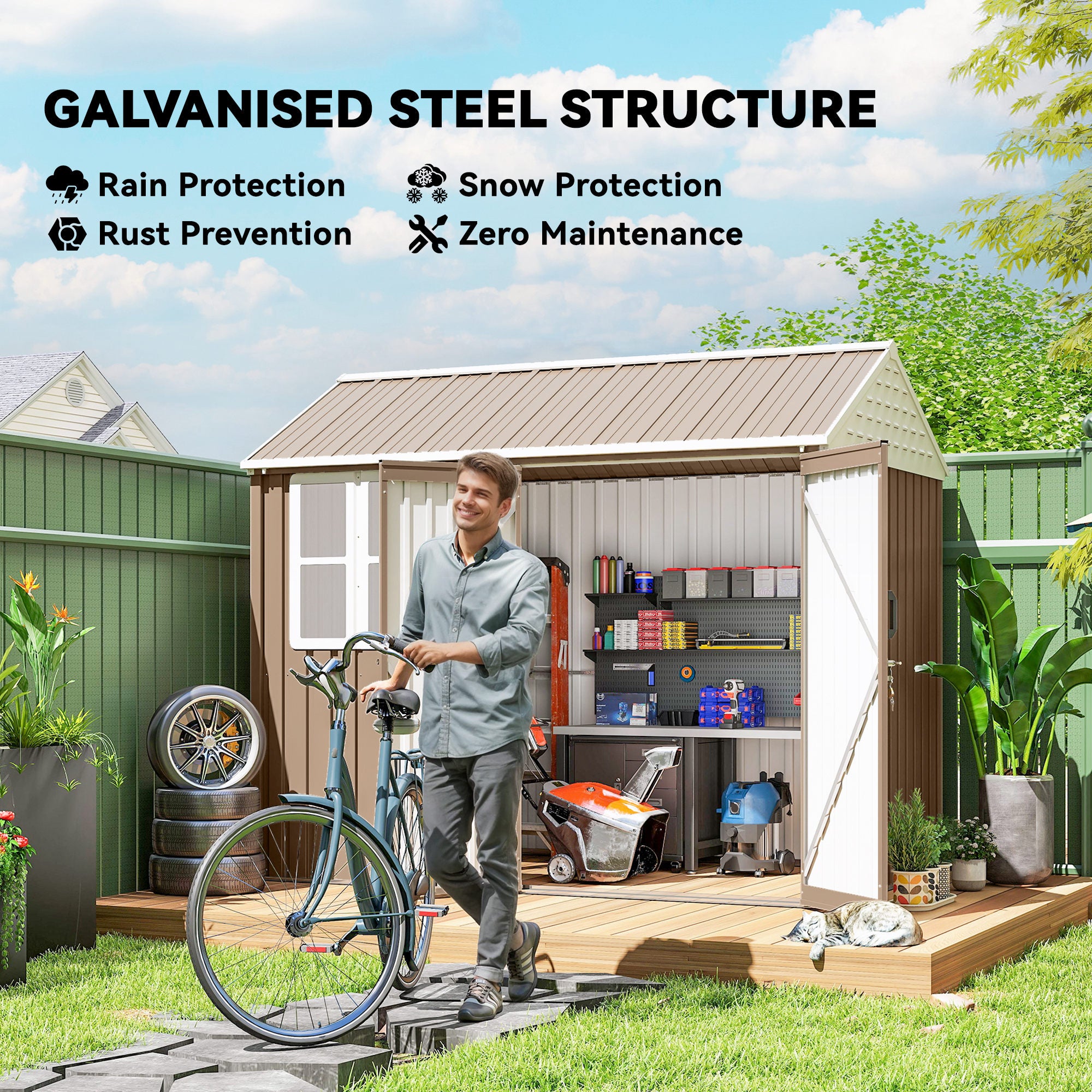 8' x 6' Metal Garden Storage Shed, Extra Large Outdoor Tool Storage House w/ Doors, Window and Air Vents, Brown - Brown - Image 4