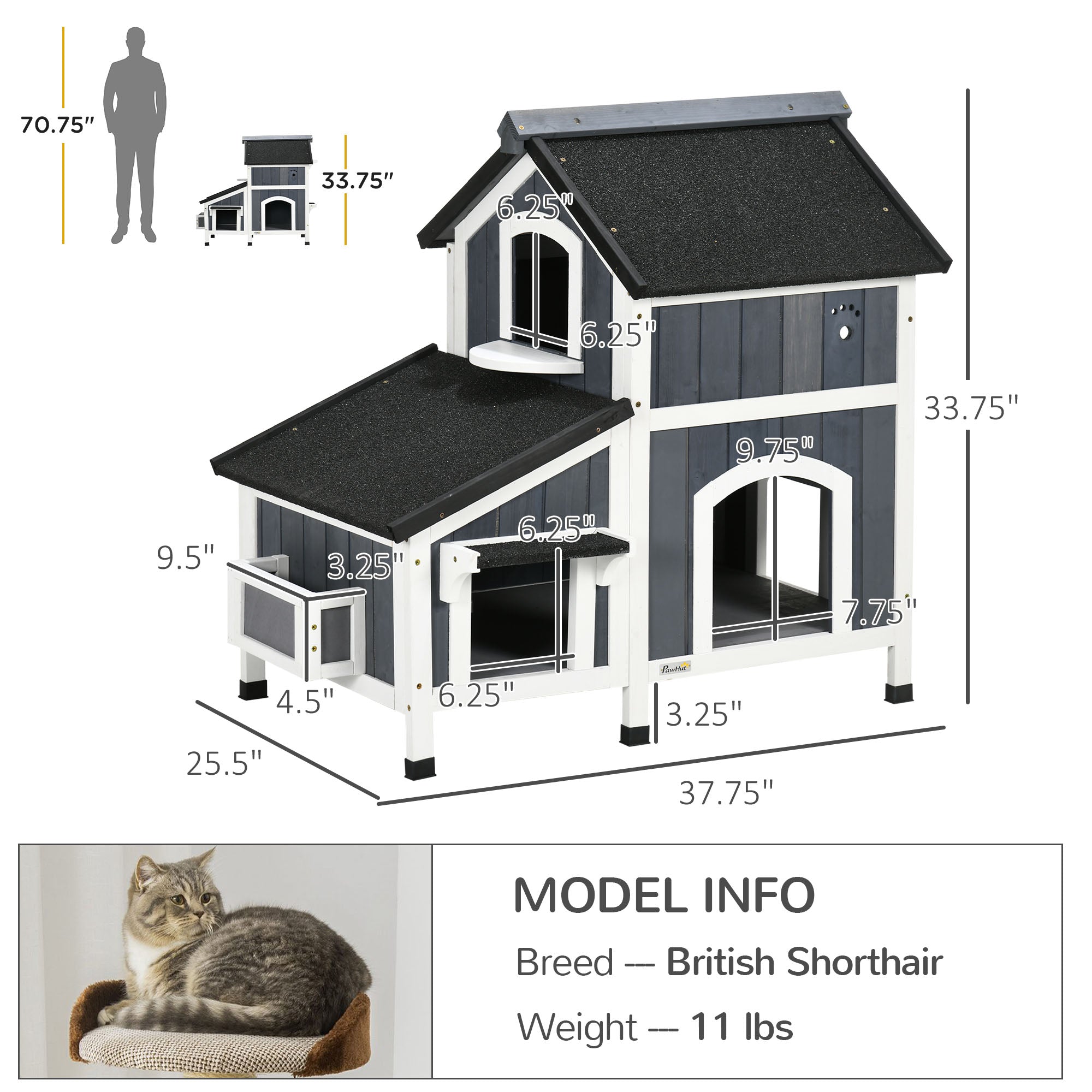 Outdoor Cat House with Weather-resistant Roof & Garden Bed, Outdoor Cat Shelter Enclosure with Multiple Entrances, Modern Cat Furniture Hideout, Cat Gifts, Gray - Gray - Image 3