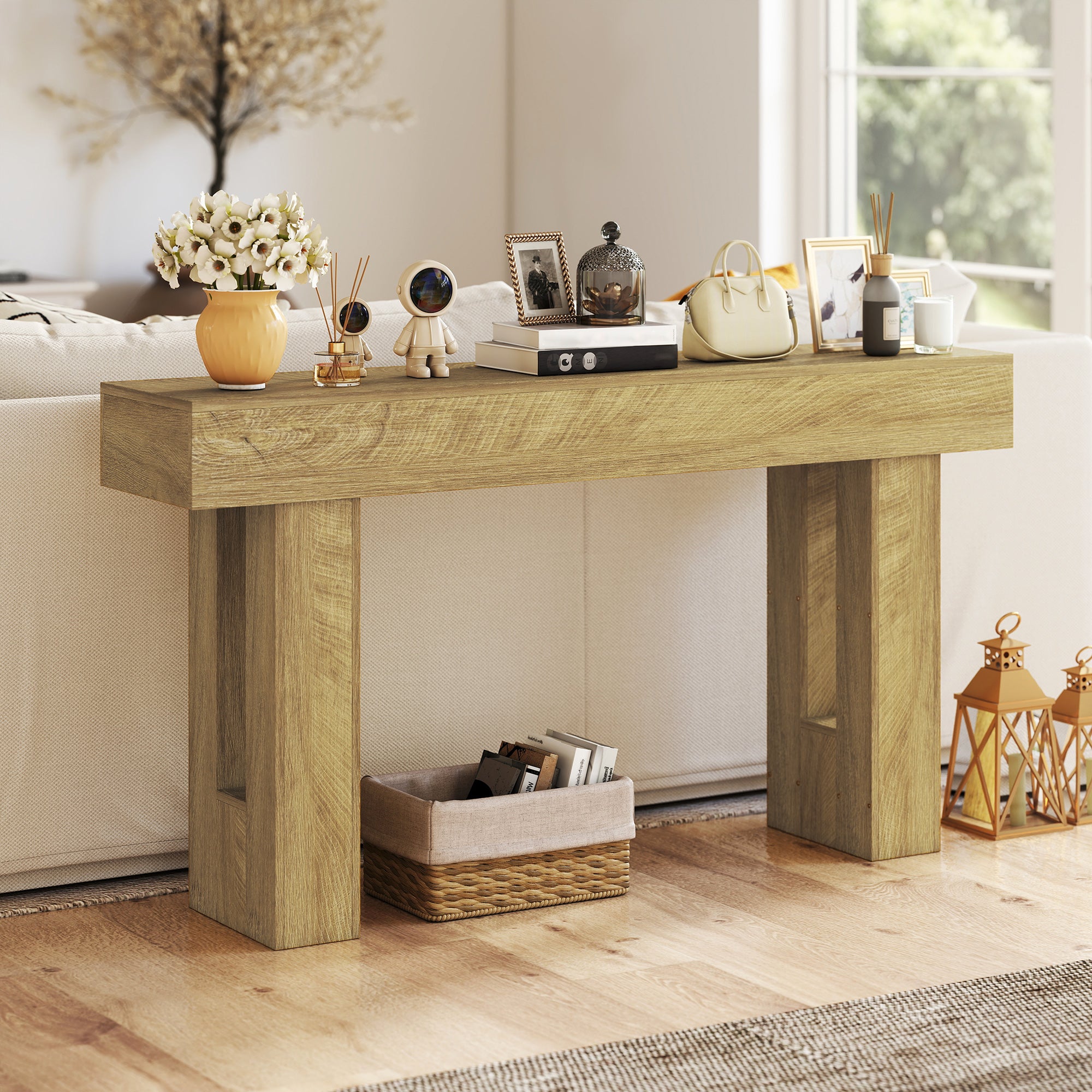 63 Inch Console Table, Sofa Table Behind the Couch with Thickened Tabletop for Living Room, Hallway, Entrance, Oak