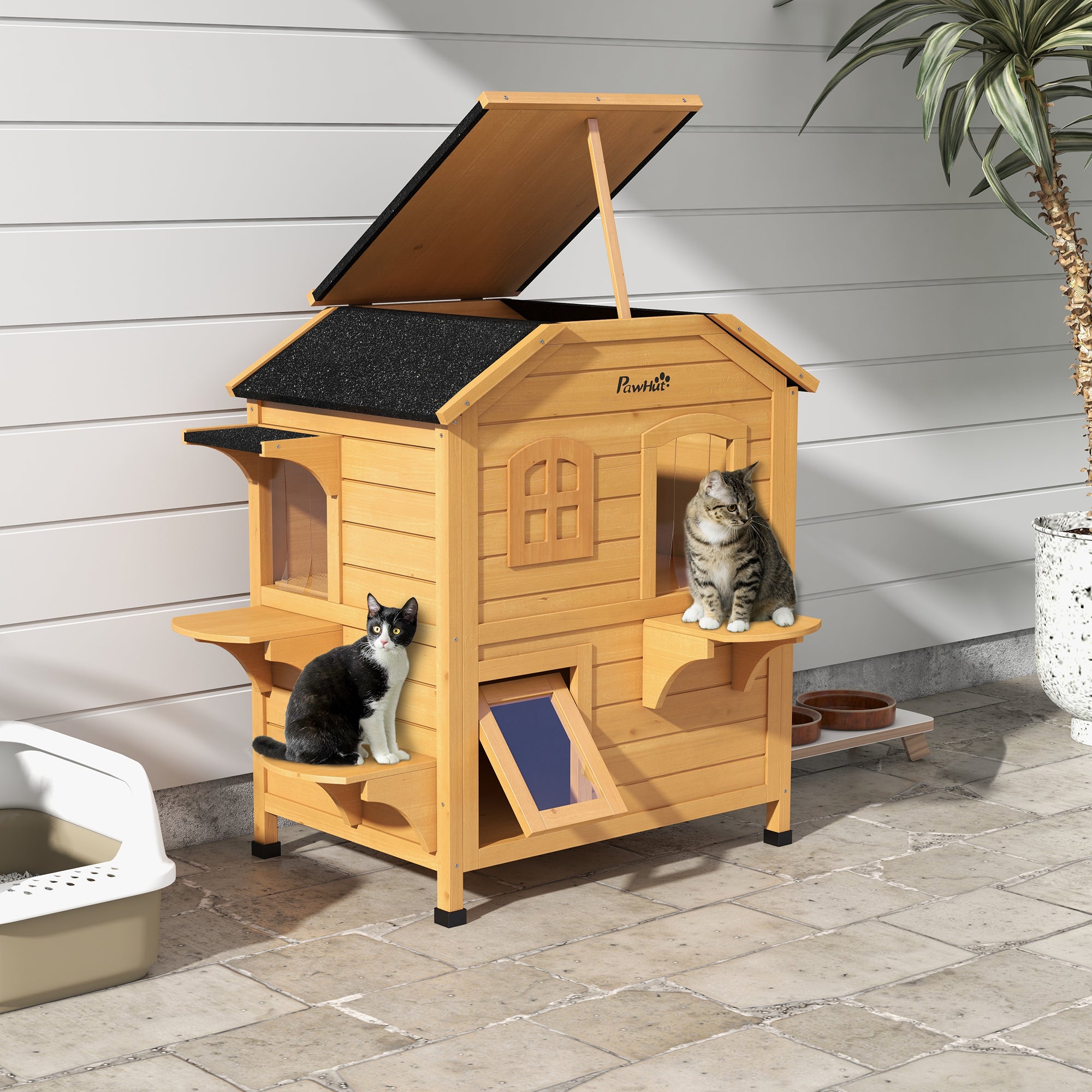 2-story Cat House Outdoor, Weatherproof Wooden Cat Enclosure for Feral Cats with Escape Door, Openable Roof, Jumping Platforms, Natural - Natural Wood - Image 2