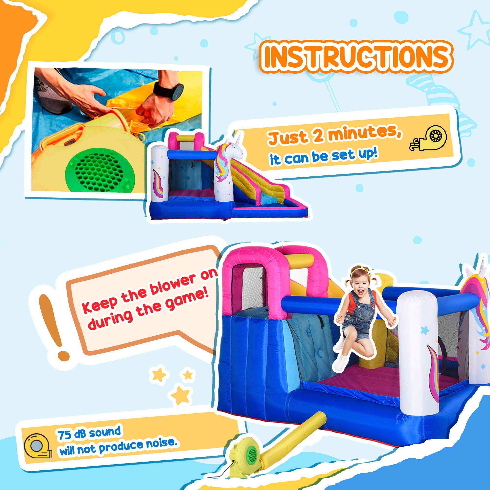 Inflatable Water Slide Bounce House with Trampoline, Climbing Wall, Water Cannon, Basketball Hoop, Splash Pool, 450W Blower, Unicorn Themed Bouncy House for Kids 3-8 Years Old
