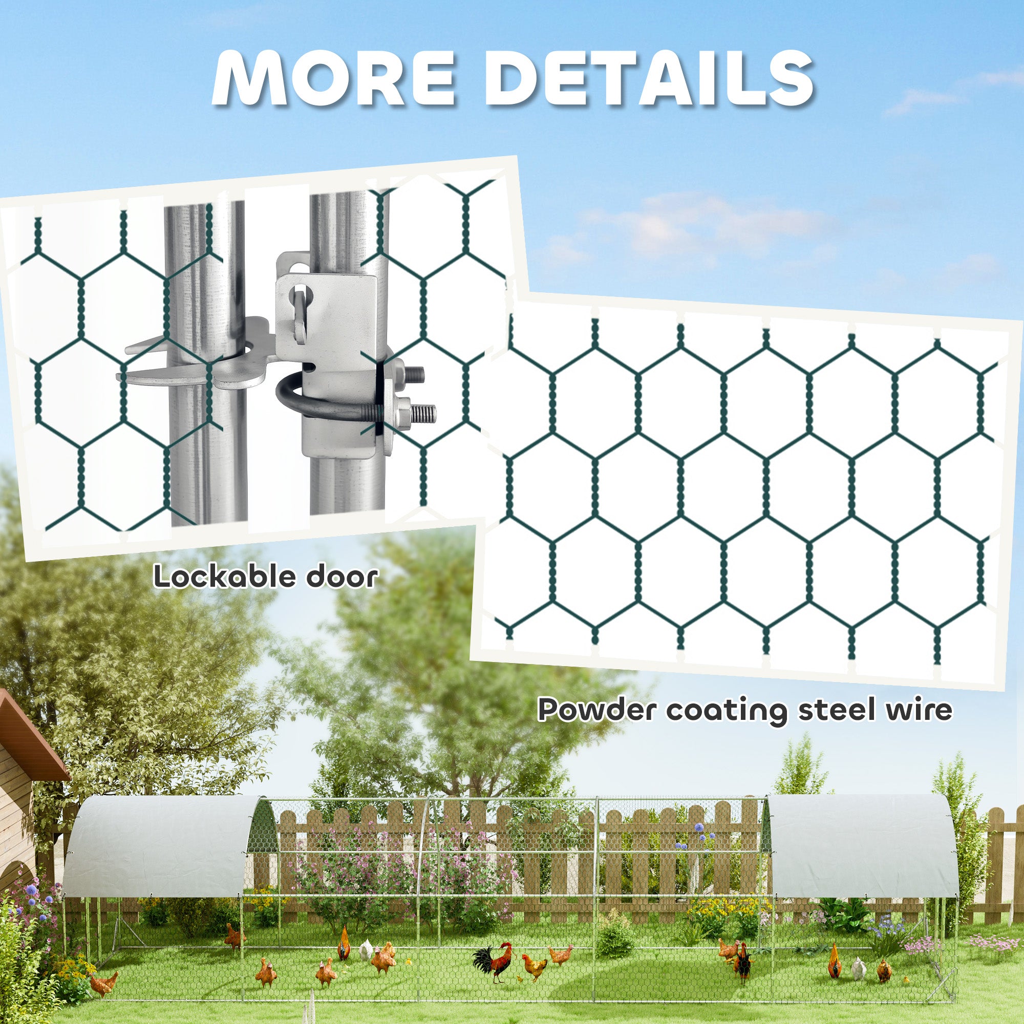 Large Chicken Coop with Waterproof and Anti-UV Cover, Spire Shaped for Outdoor and Yard Farm Use, 9.8' x 32.8' x 6.4' - Silver - Image 7