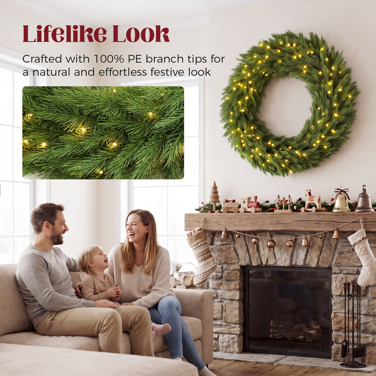Christmas Decoration, 48 in Pre-Lit Norwegian Spruce Artificial Christmas Wreath with 150 LED Lights, Green