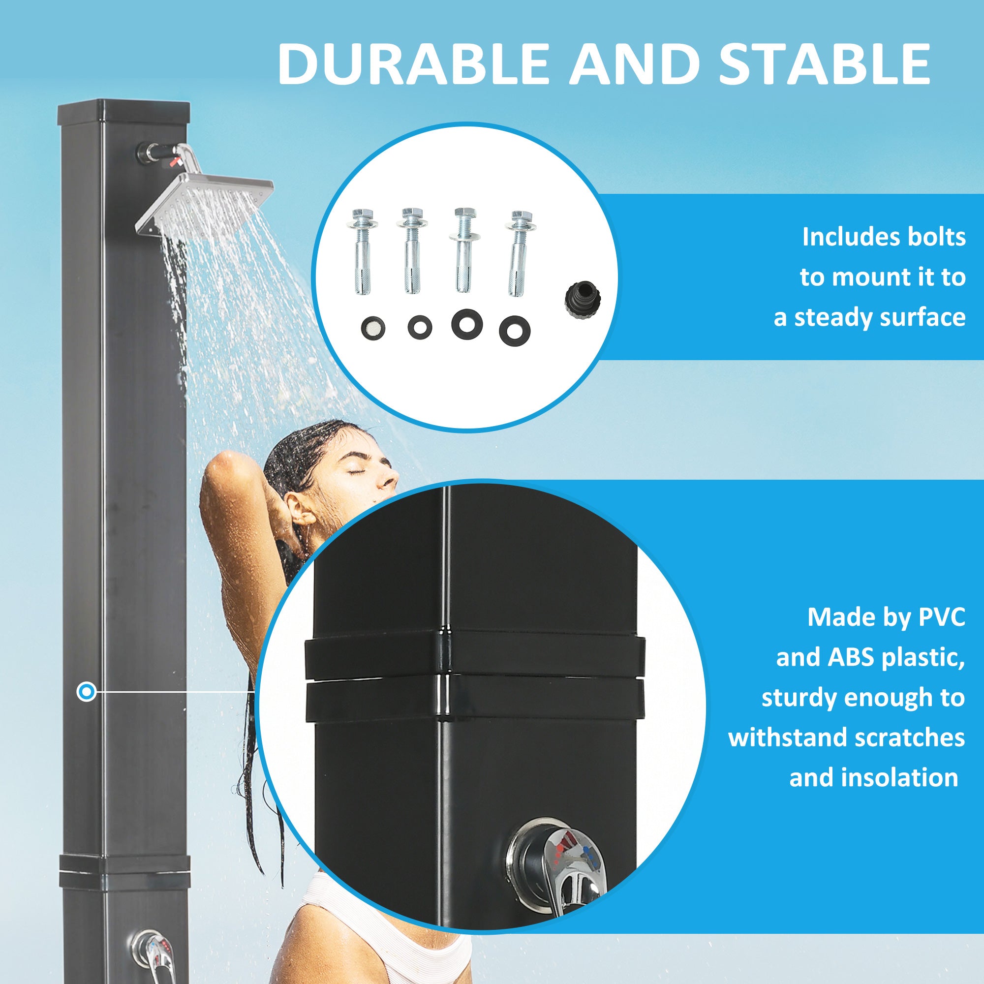 10.6 Gallons Solar Heated Shower with Free-Rotating Shower Head, Temperature Adjustment & Foot Shower, 2-Section Outdoor Shower for Backyard Poolside Beach Pool Spa, 7ft