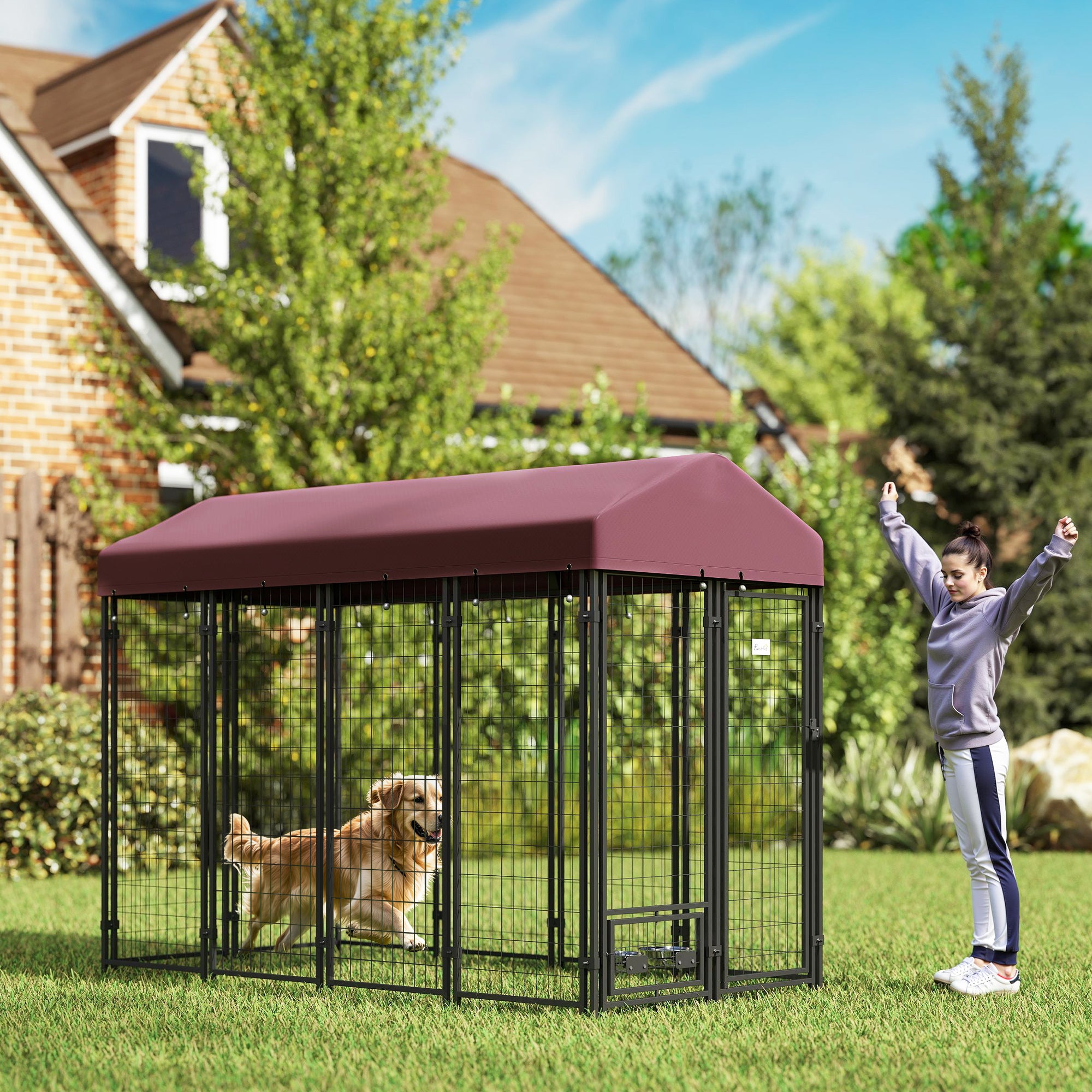 Outdoor Dog Kennel with Rotating Bowl Holders, Walk-in Pet Playpen with Waterproof Cover, 8' x 4' x 6', Red - Red - Image 2