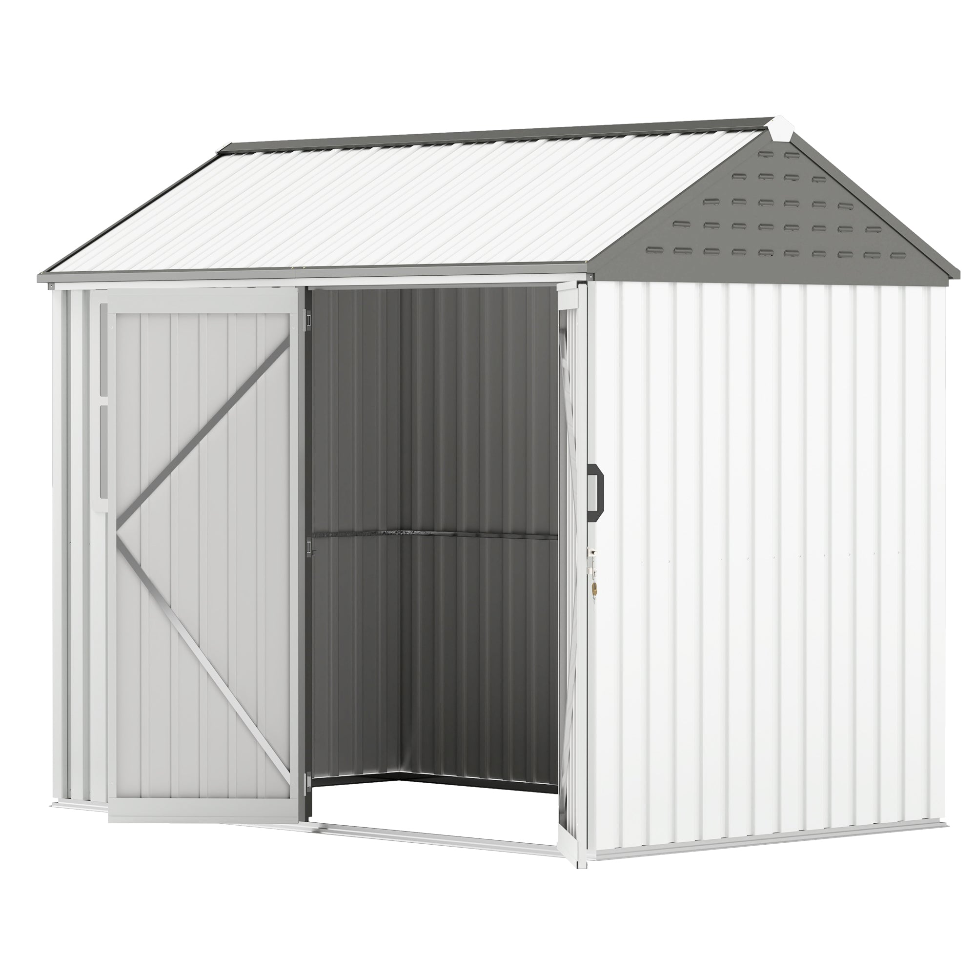 8' x 6' Metal Garden Storage Shed, Extra Large Outdoor Tool Storage House w/ Doors, Window and Air Vents, White - White