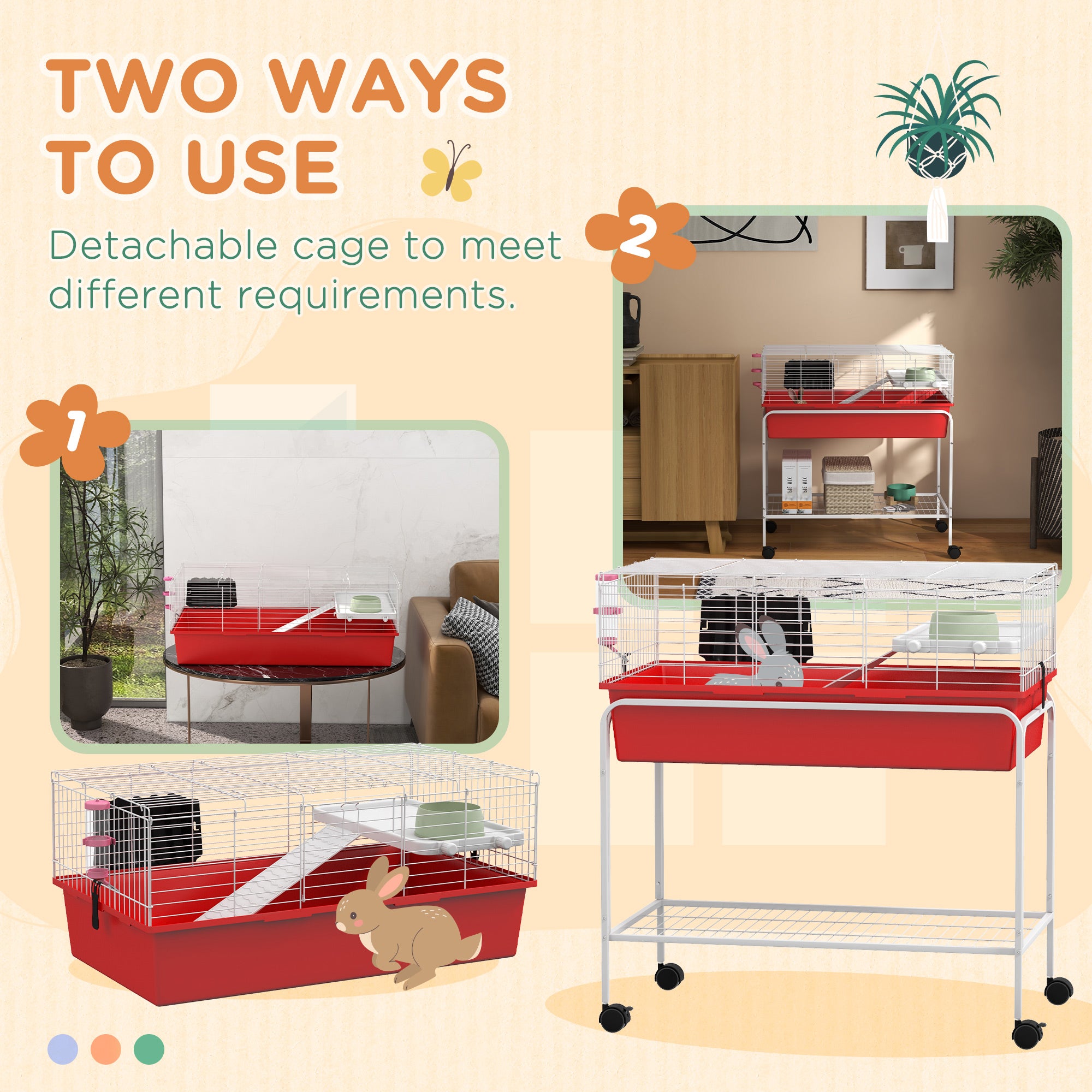 Two-Story Small Animal Cage Removable from Stand, Pet Habitat with Shelf & Wheels, 33" x 18.5" x 35", Red - Red - Image 4