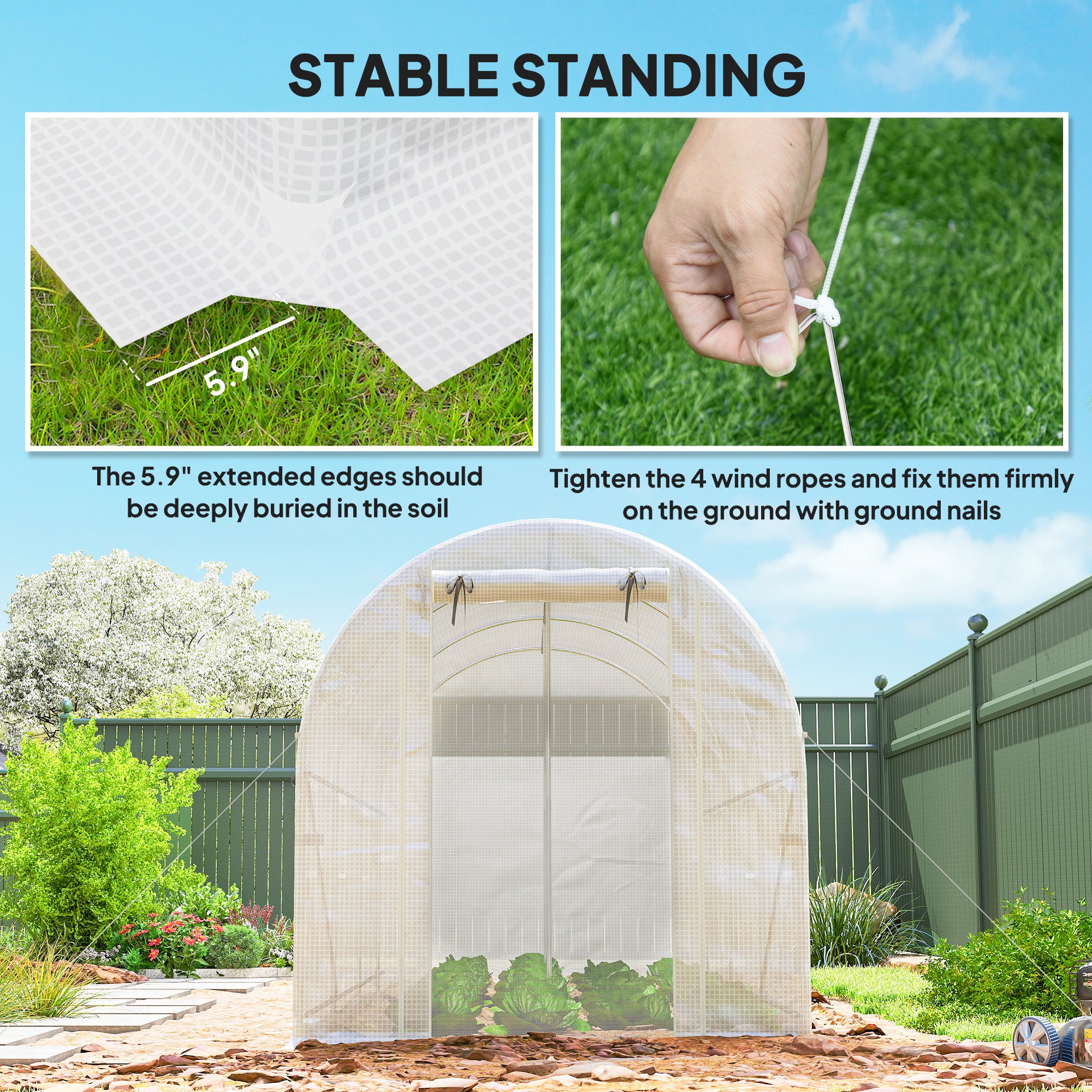 Hoop House Greenhouse, Walk-in Tunnel Greenhouse with 2 Support Rods, Zippered Roll-up Mesh Door, 14.6'x6.5'x6.6', White - White - Image 8