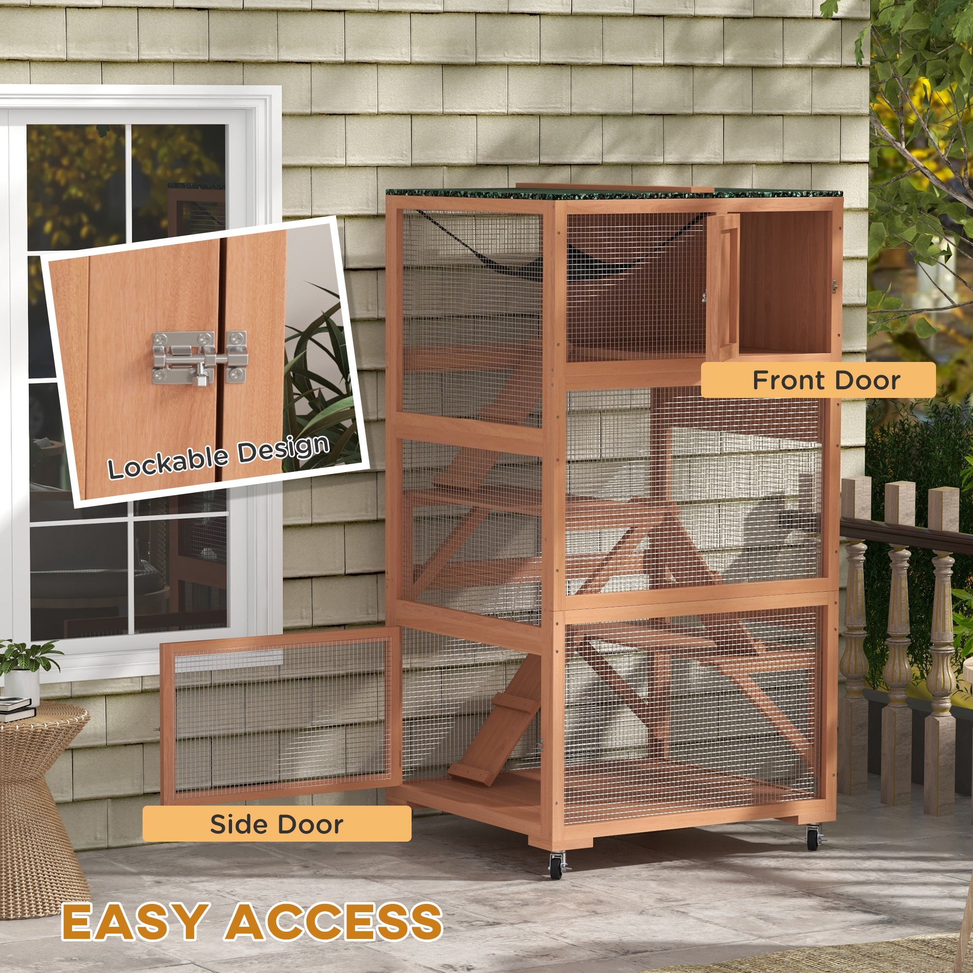 Catio, Outdoor Cat Enclosure House on Wheels with Hammock, Orange - Orange - Image 6
