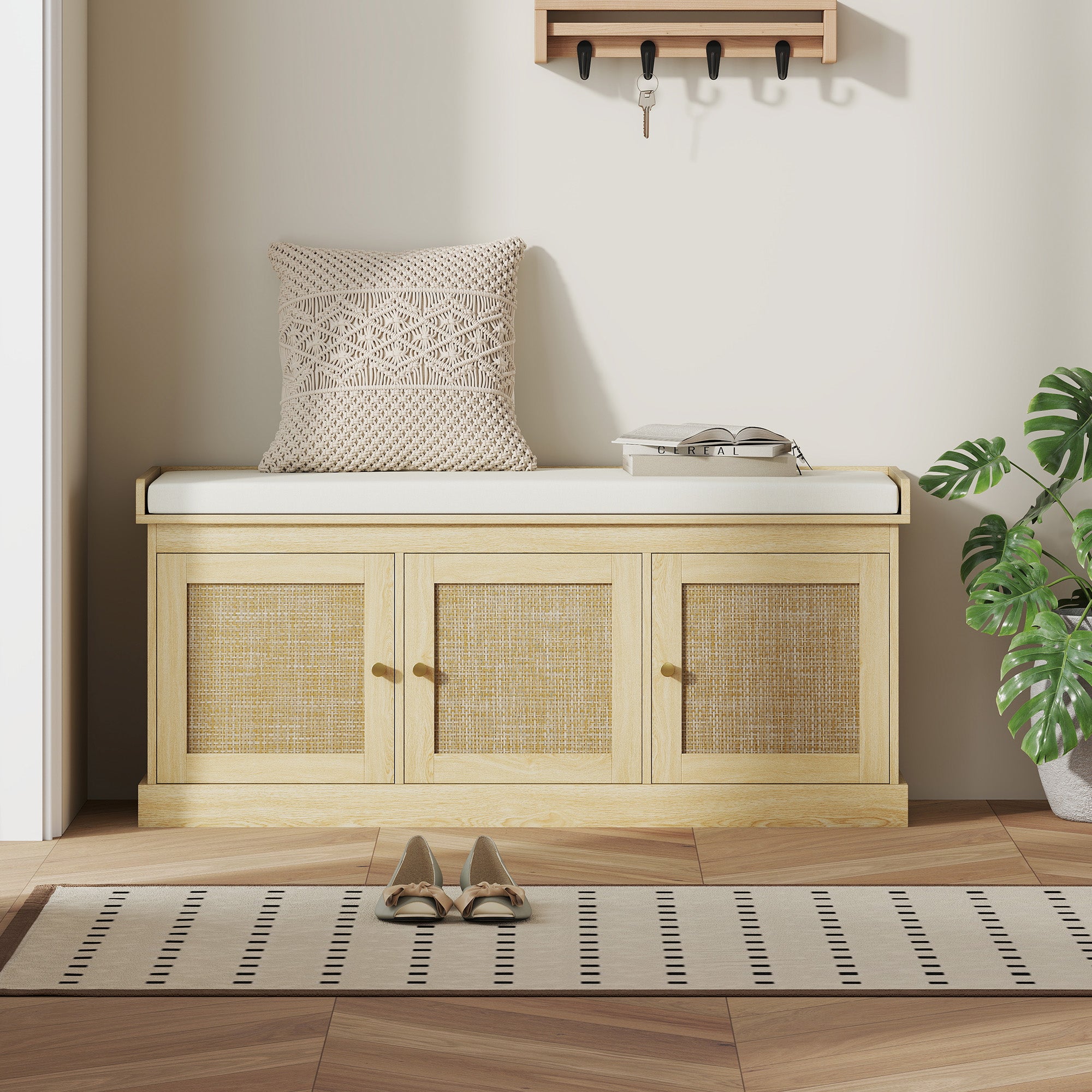 Shoe Storage Bench with Woven Rattan Doors, Shoe Bench with Cushion, Adjustable Shelves, Entryway Bench, Oak Tone