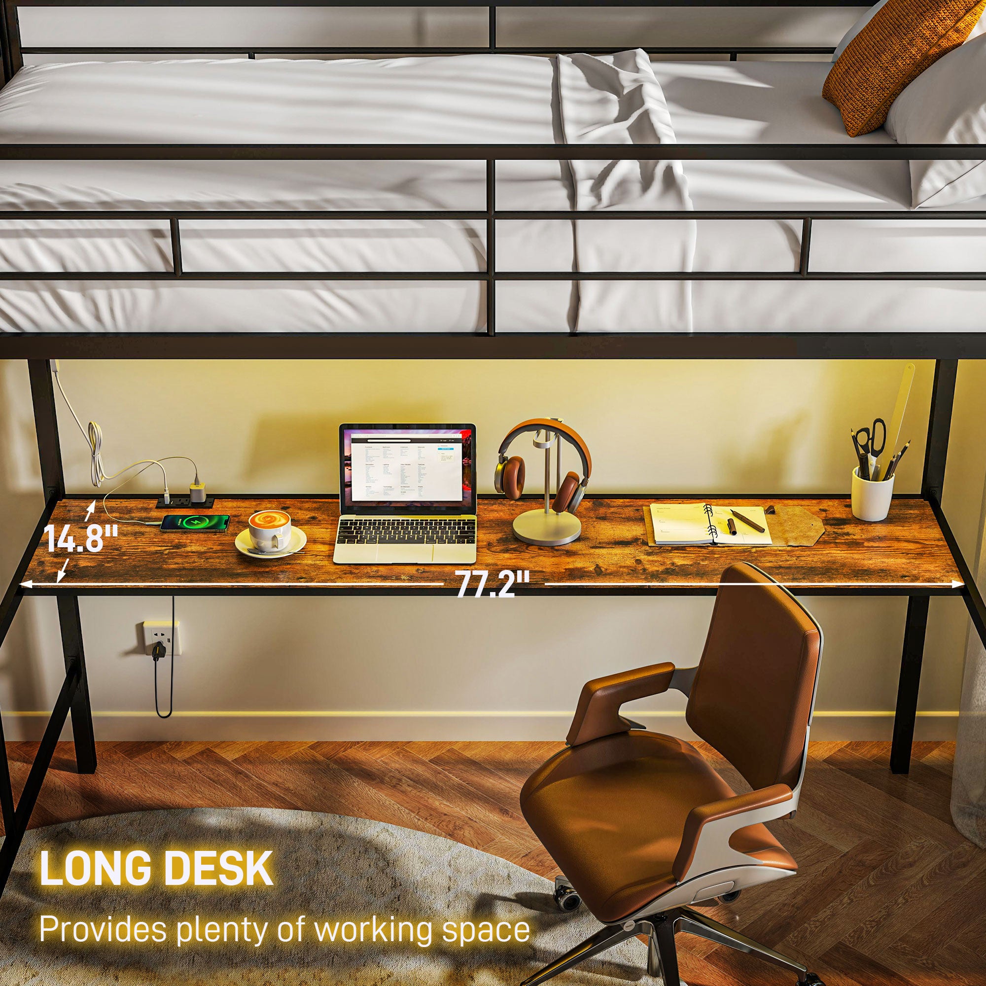 Twin Size Loft Bed with Desk, LED Lights, Charging Station, Twin Metal Loft Bed Frame with Ladder, Black