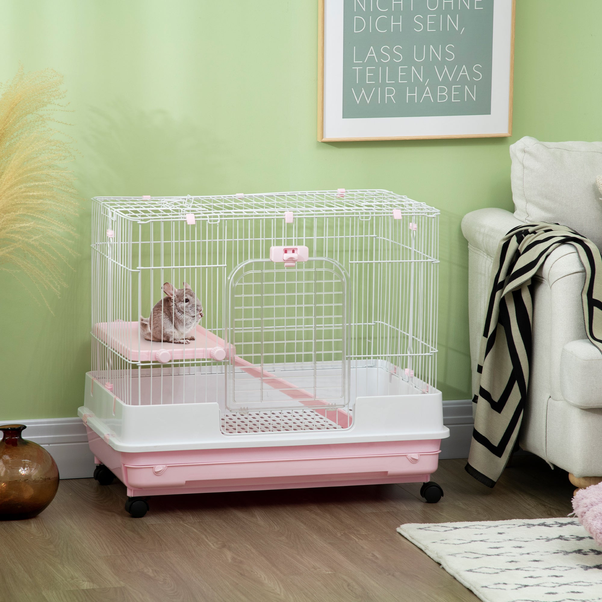 2-Level Small Animal Cage Rabbit Hutch with Wheels, Removable Tray, Platform and Ramp for Bunny, Chinchillas, Ferret, Pink - Pink - Image 7