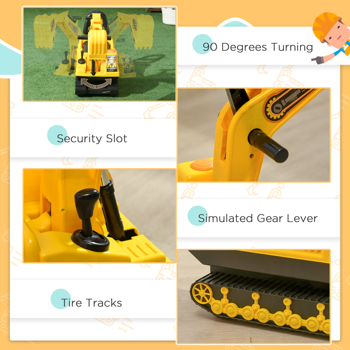 Qaba No Power Ride On Excavator Toy Tractors Digger Movable Scooter Walker Pretend Play Toddler Construction Truck Basket Storage For Boys Girls 18-48 Months Yellow Black