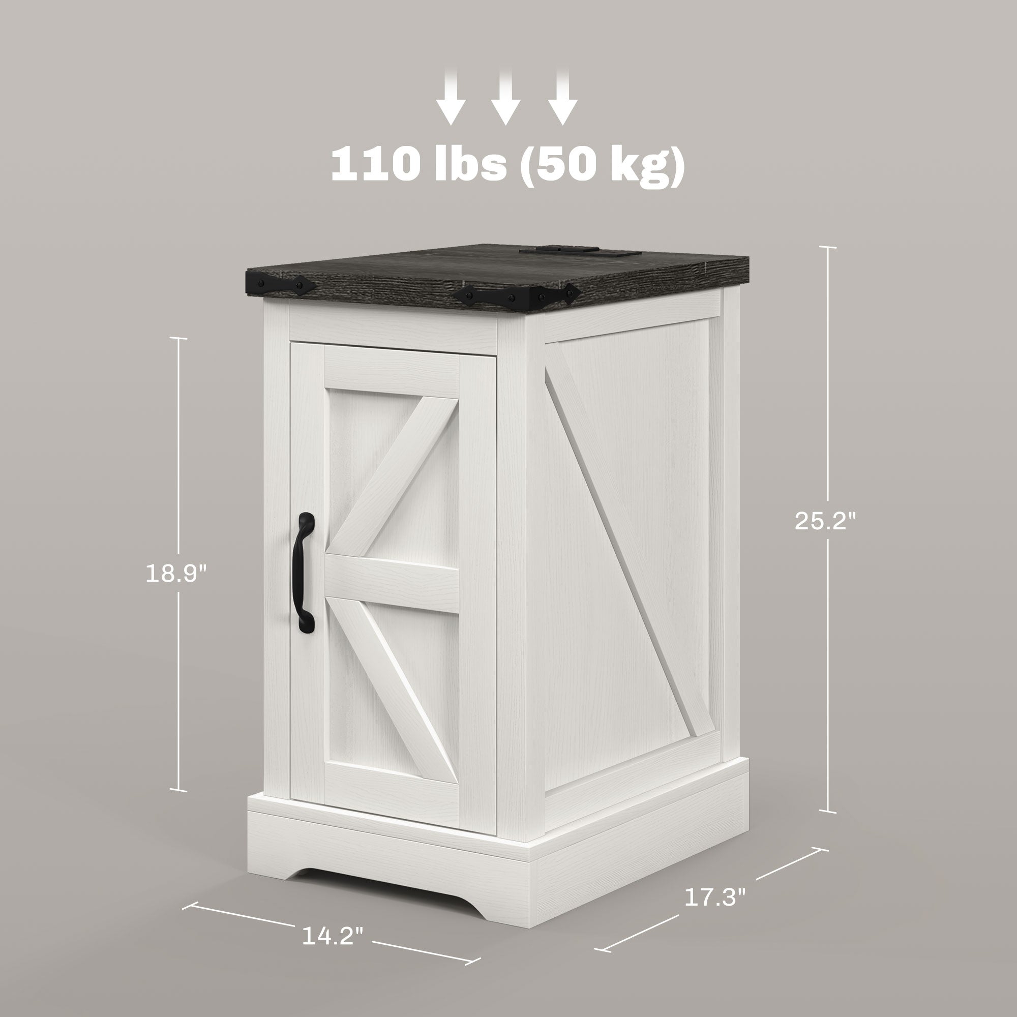Farmhouse End Table with Storage, Side Table with Charging Station and USB Ports for Living Room, Distressed White