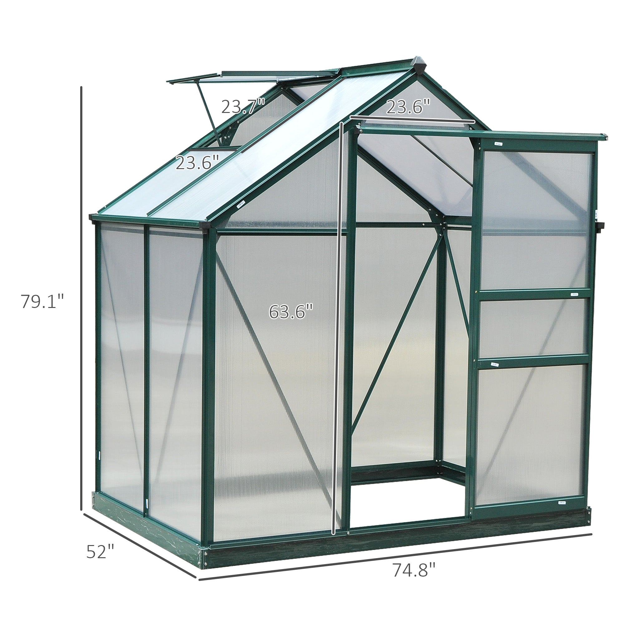 6' x 4' Greenhouse for Outdoors, Polycarbonate Greenhouse with Rain Gutter and Roof Vent, Aluminum Walk-in Green Houses for Outside for Patio Backyard Garden, Dark Green - Dark Green - Image 3