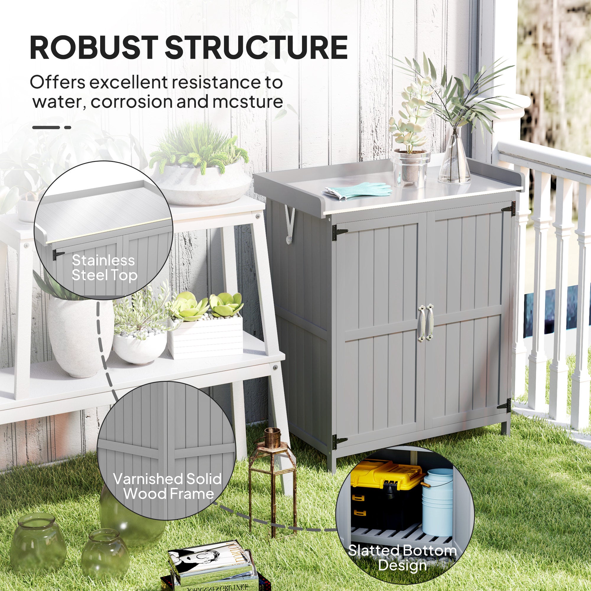 Outdoor Storage Cabinet, Garden Tool Shed with Metal Tabletop and Shelf, Wooden Potting Bench with 2 Doors, Gray - Gray - Image 7