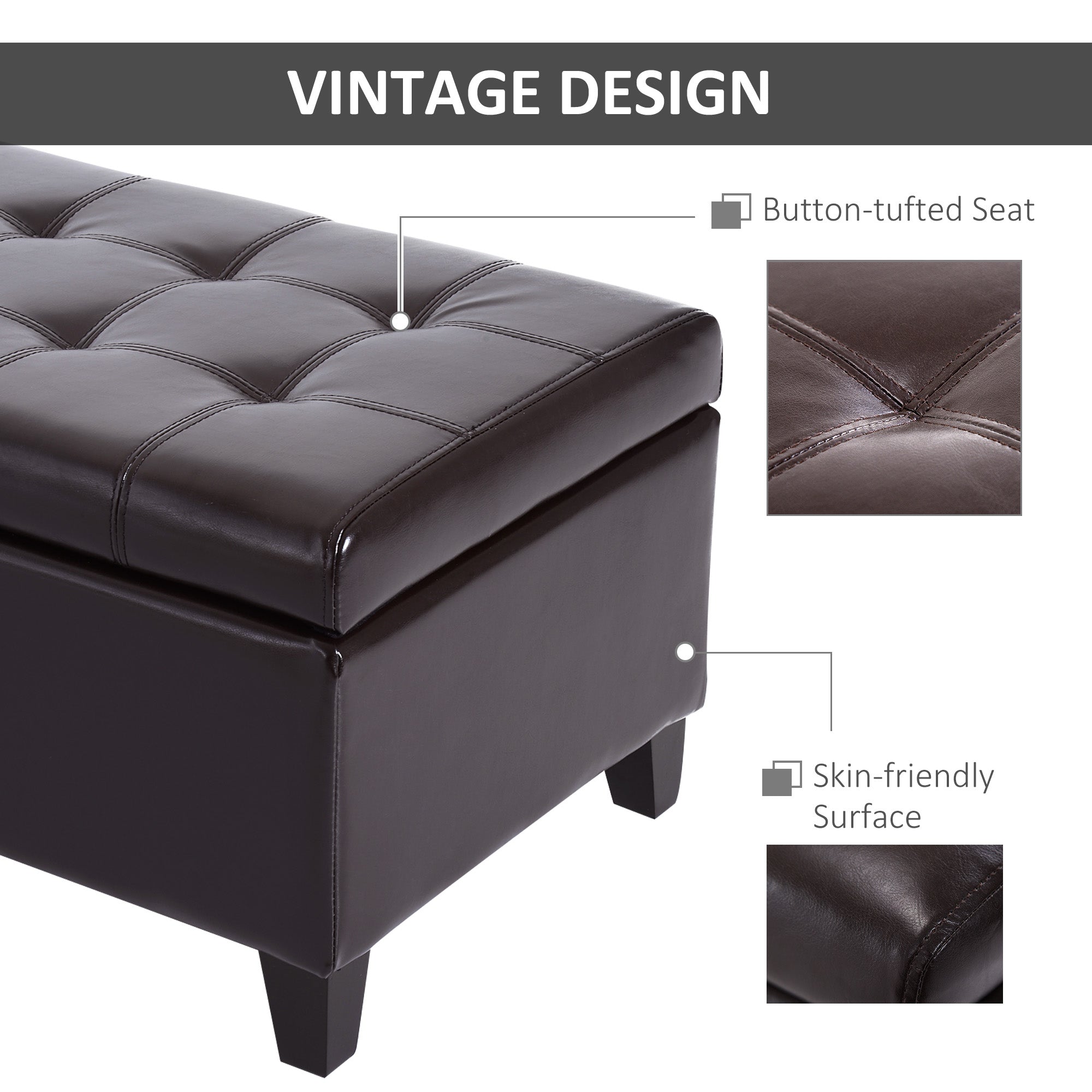 51" Ottoman Storage Bench, Faux Leather Storage Chest with Lift Top, Tufted Ottoman for Living Room, Entryway, Dark Brown