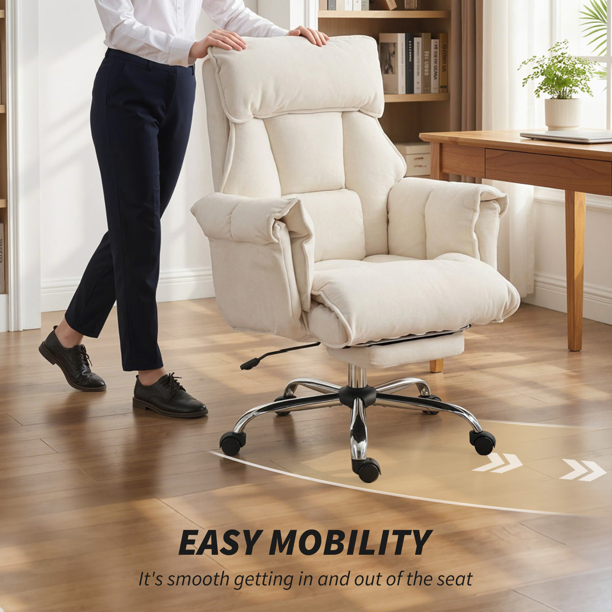 Executive Office Chair, Reclining Computer Chair with Footrest, High Back, Headrest, Adjustable Height, Cream White
