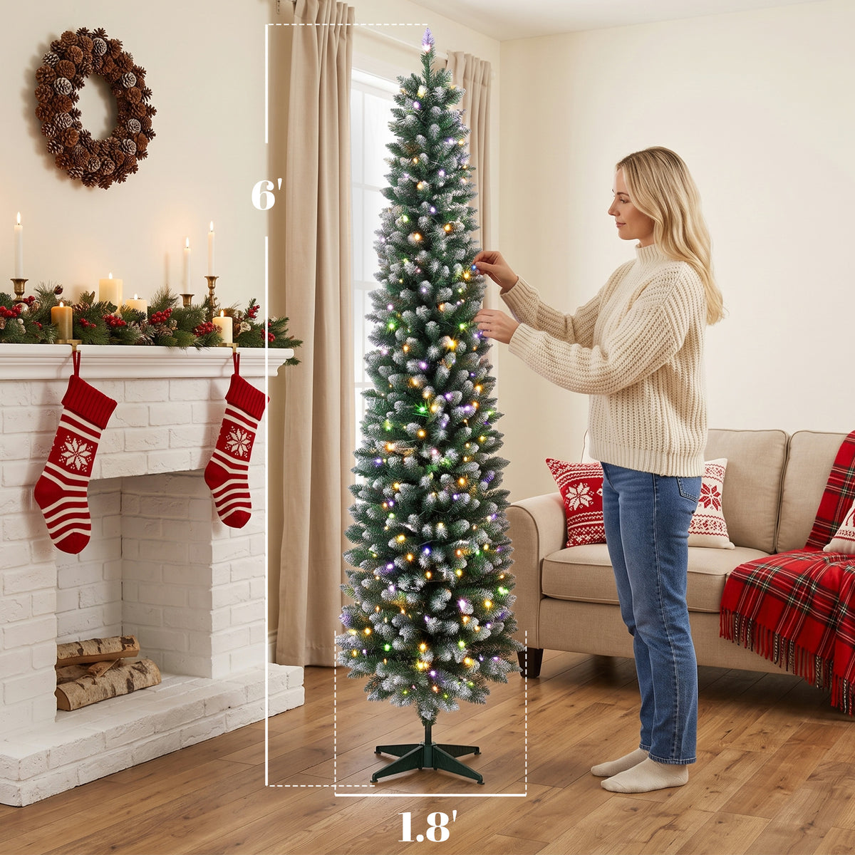 6ft Pencil Prelit Christmas Tree, Dual Color LEDs, Flocked, Remote, Slim Xmas Tree with 11 Modes, Green White