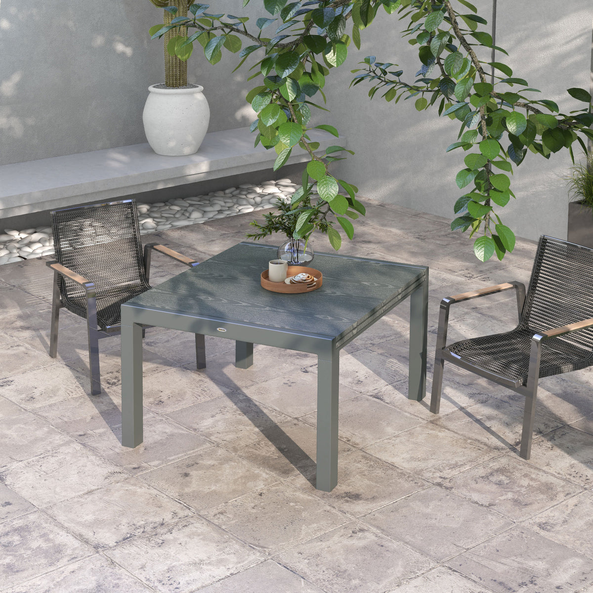 Patio Table for 6-8 People, Aluminum Frame Rectangle Garden Table with Wood Effect Steel Top, for Backyard, Dark Gray