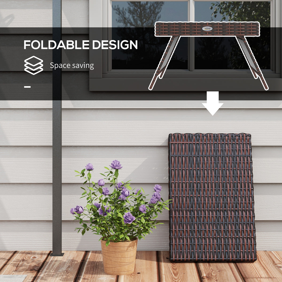 Folding Rattan Side Table, Outdoor End Table, Hand Woven PE Rattan Coffee Table for Balcony, Backyard, Garden, Lawn, Courtyard, Brown, 23.5" x 16.25" x 16.25"