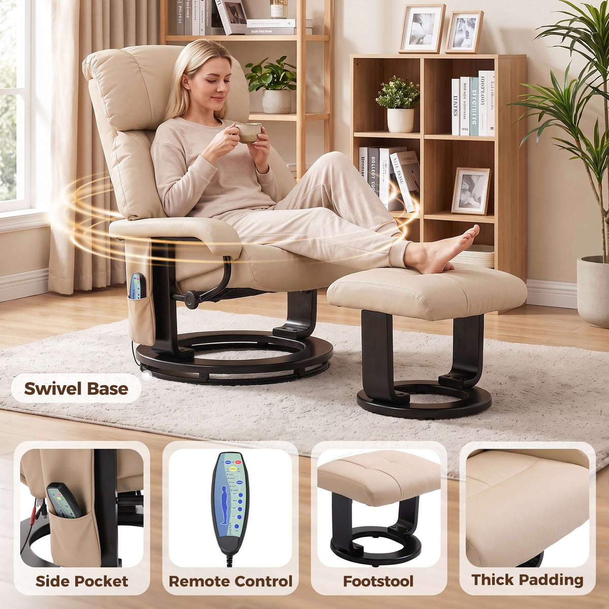 Massage Recliner Chair with Ottoman, 360° Swivel Recliner and Footstool, 10-Point Vibration, Beige