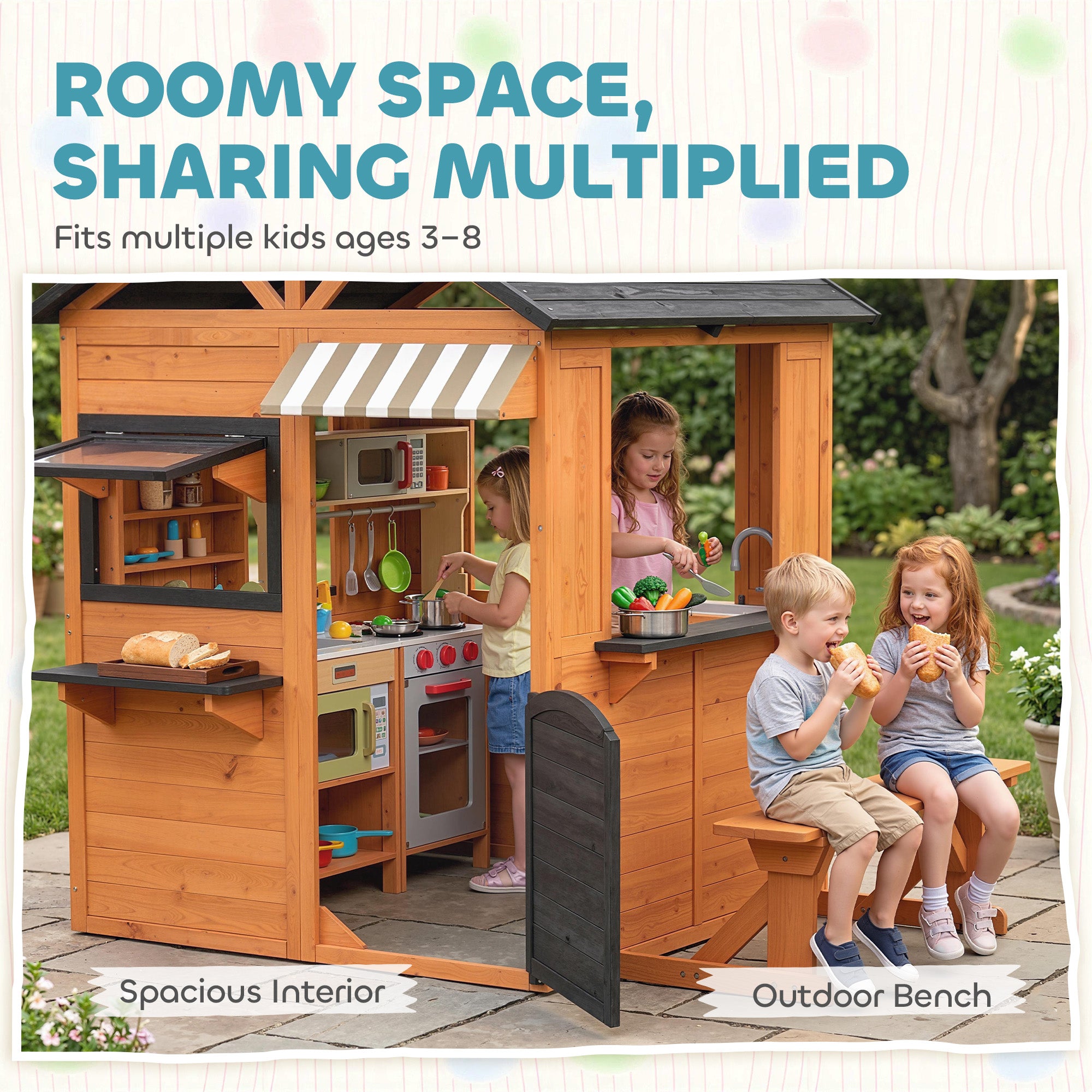 Wooden Kids Playhouse with Play Kitchen, Picnic Bench, Serving Station, Windows and Door for Backyard, Ages 3–8, Brown