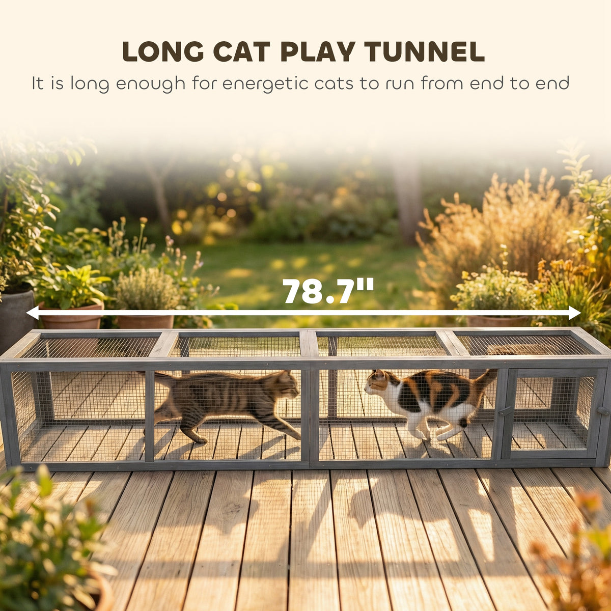 Wooden Cat Run with Weather Protection, Connecting Inside and Outside, 79"L x 15"W x 15"H, Dark Gray