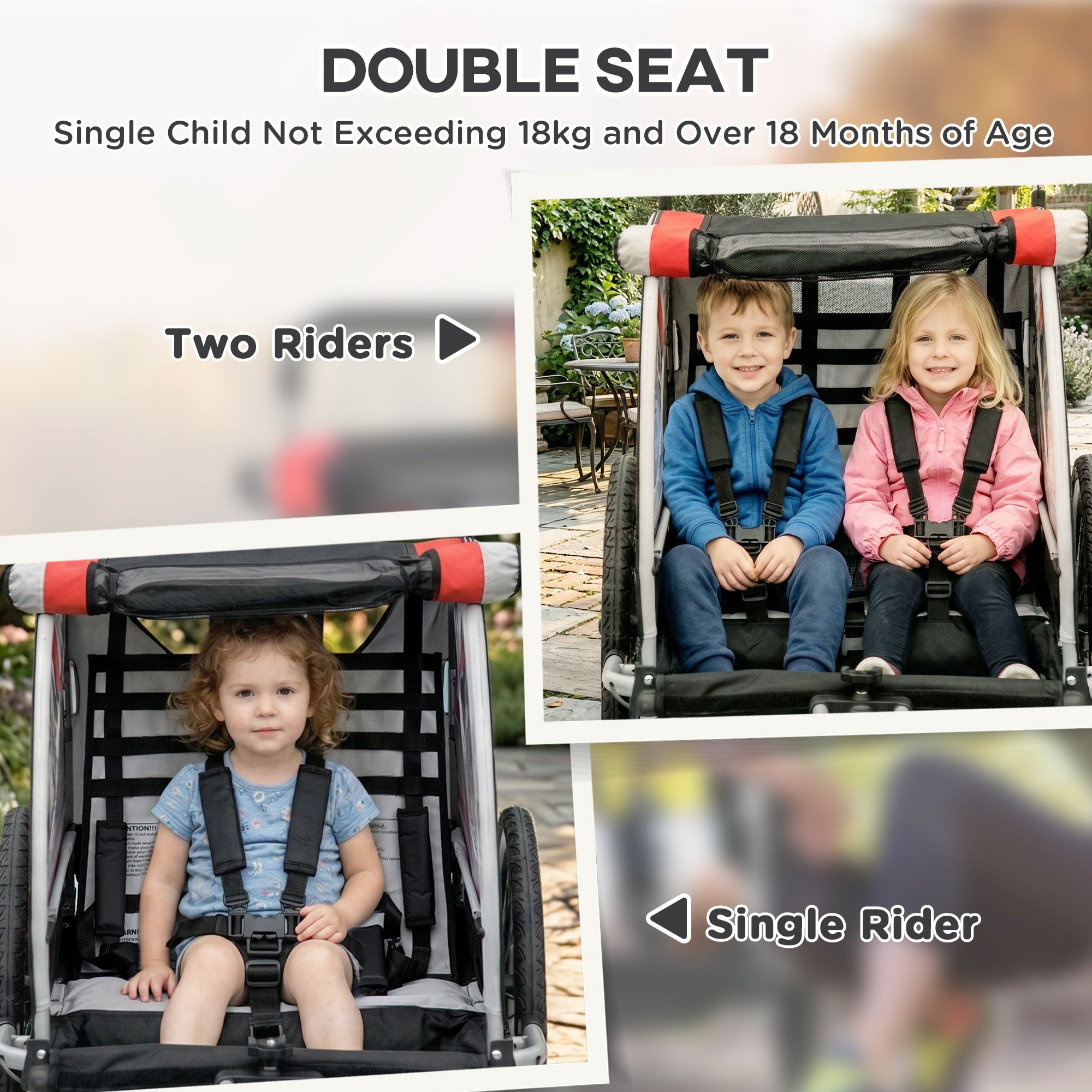 3-in-1 Bike Trailer for Kids, Running Stroller with 2 Seats, Jogging Cart with 5-Point Harness, Storage Units, Red