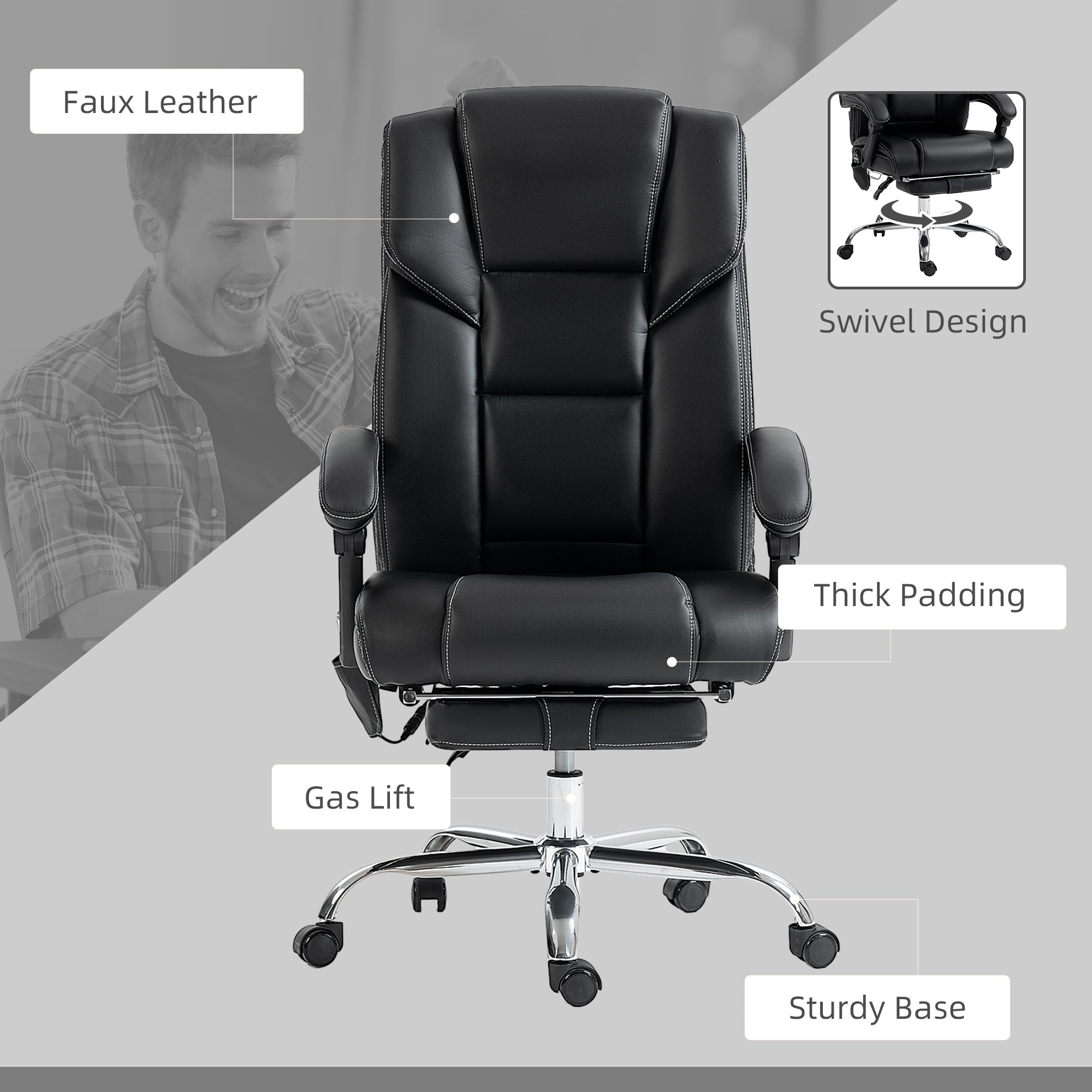6 Point Vibration Massage Office Chair with Heat, PU Leather Computer Chair with Adjustable Height Reclining Back, Black